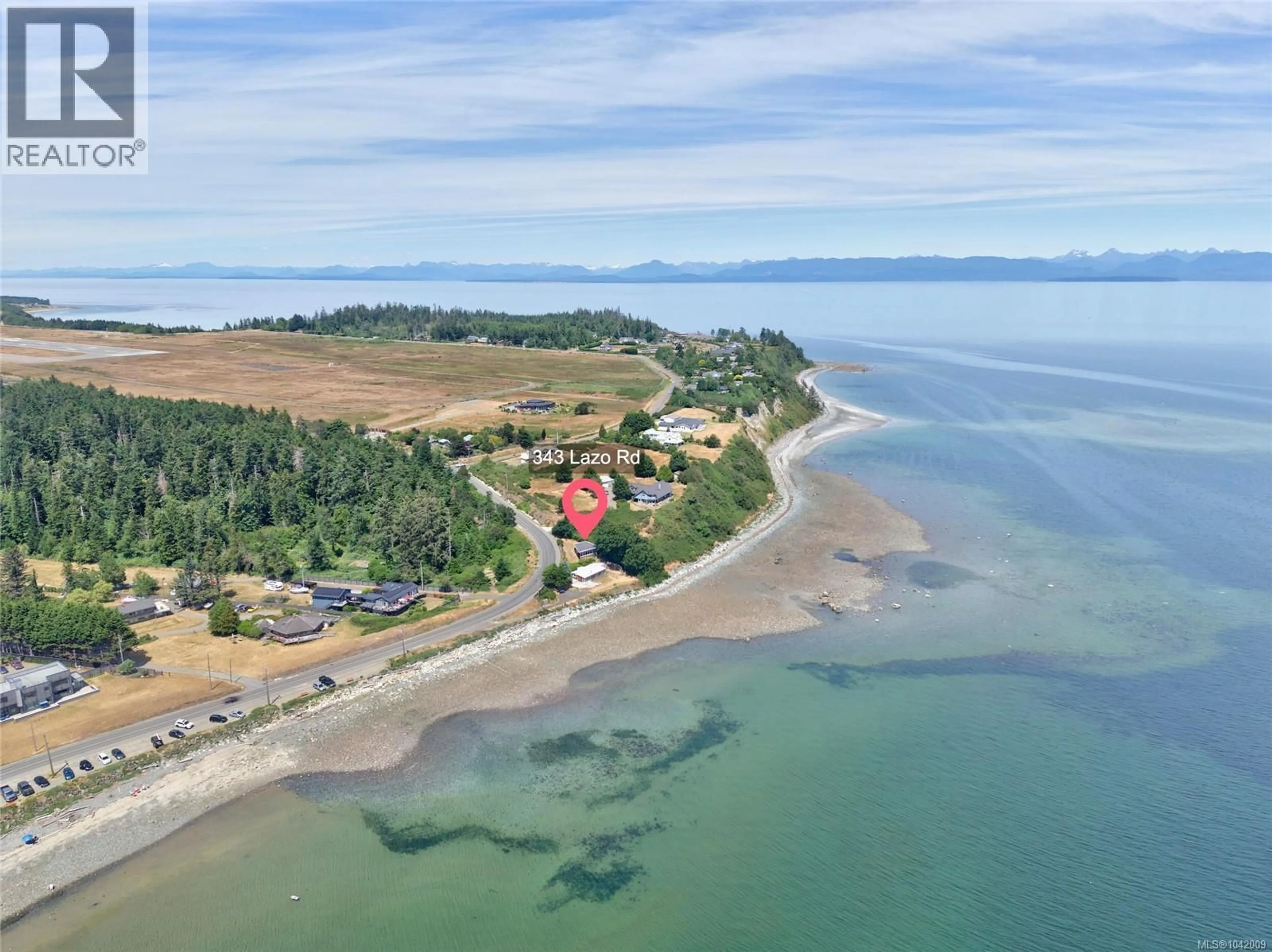 A pic from outside/outdoor area/front of a property/back of a property/a pic from drone, water/lake/river/ocean view for 343 LAZO ROAD, Comox British Columbia V9M3T9