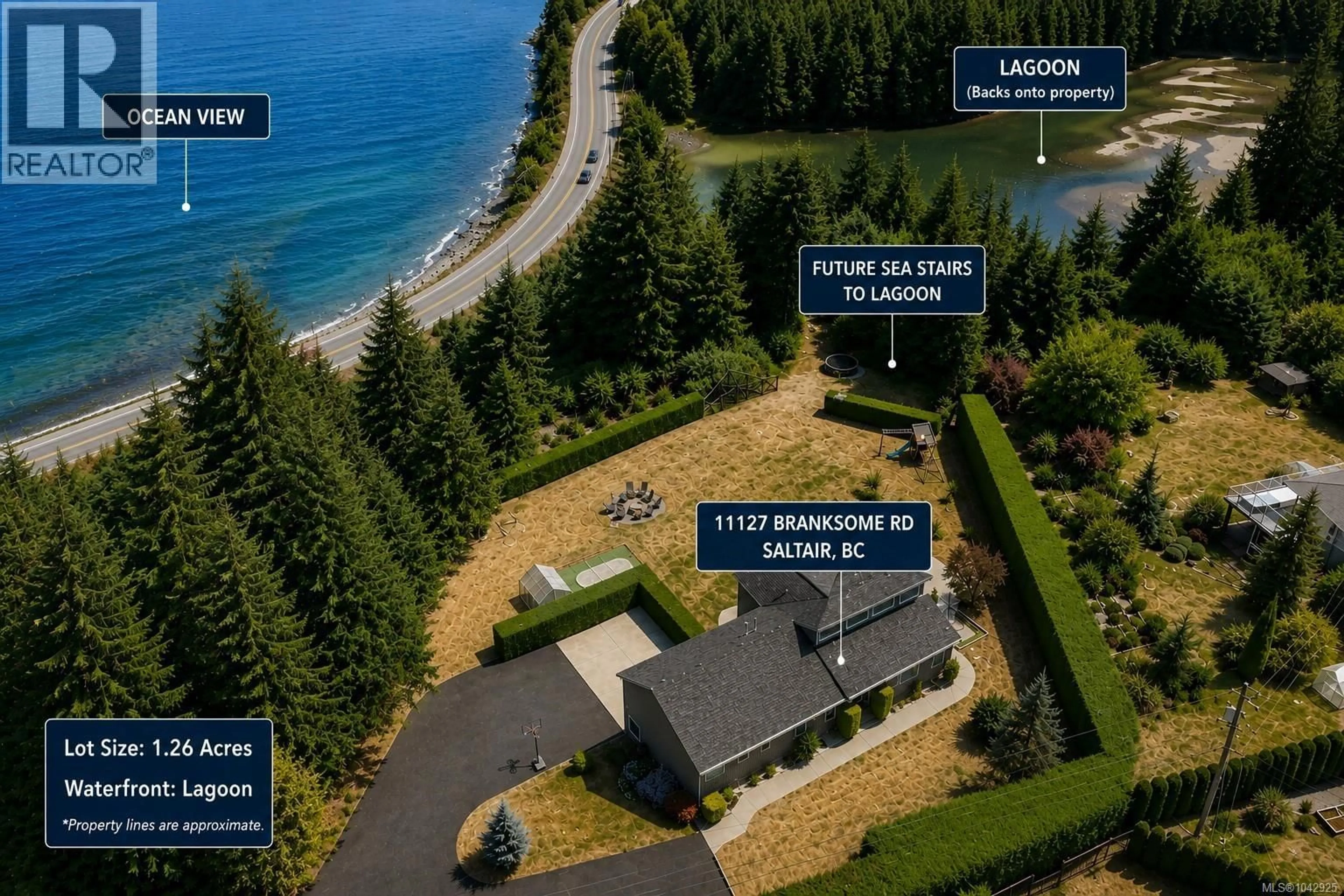 A pic from outside/outdoor area/front of a property/back of a property/a pic from drone, water/lake/river/ocean view for 11127 BRANKSOME ROAD, Saltair British Columbia V9G1Y8