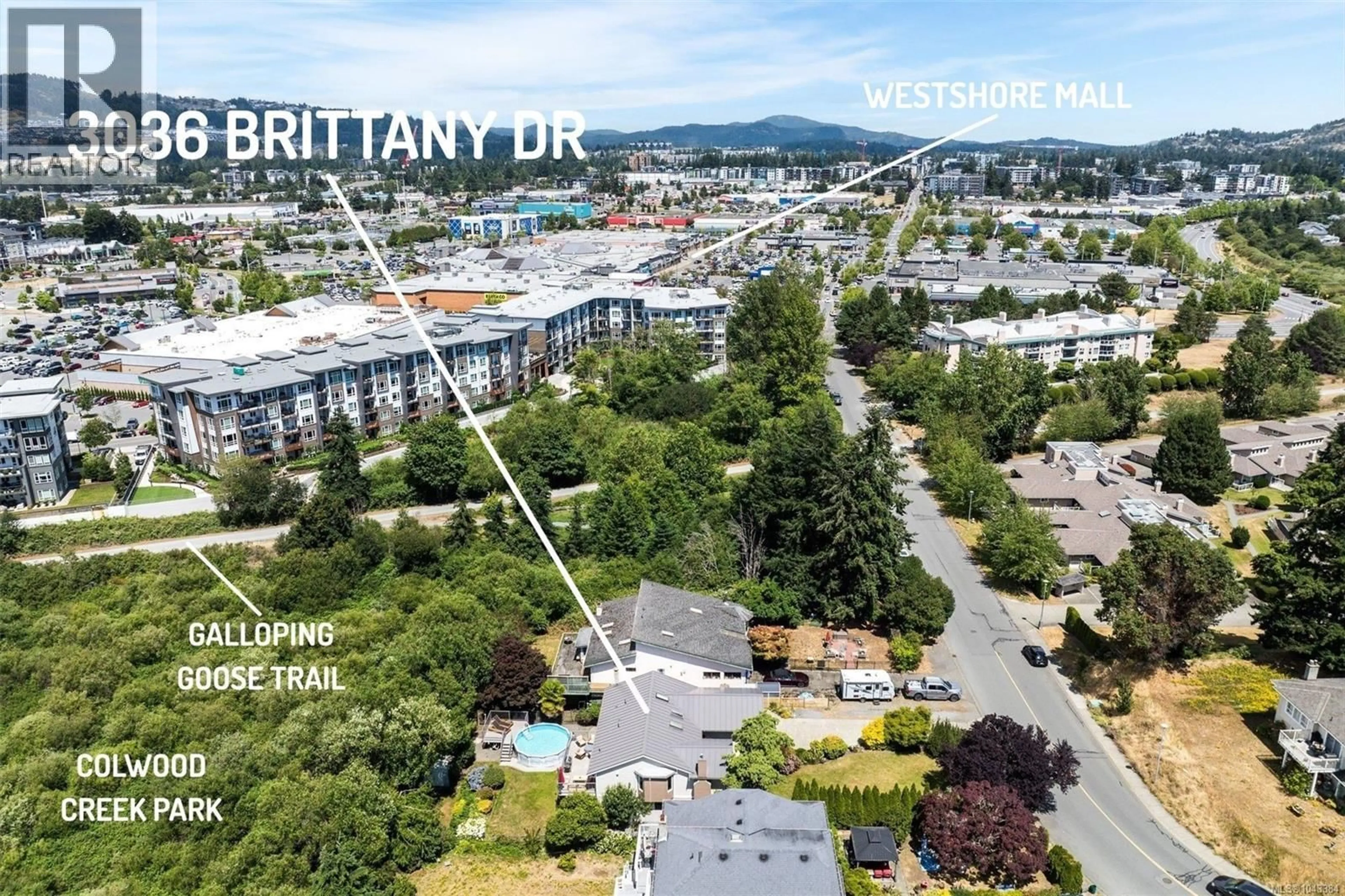A pic from outside/outdoor area/front of a property/back of a property/a pic from drone, mountain view for 3036 BRITTANY DRIVE, Colwood British Columbia V9B5P7