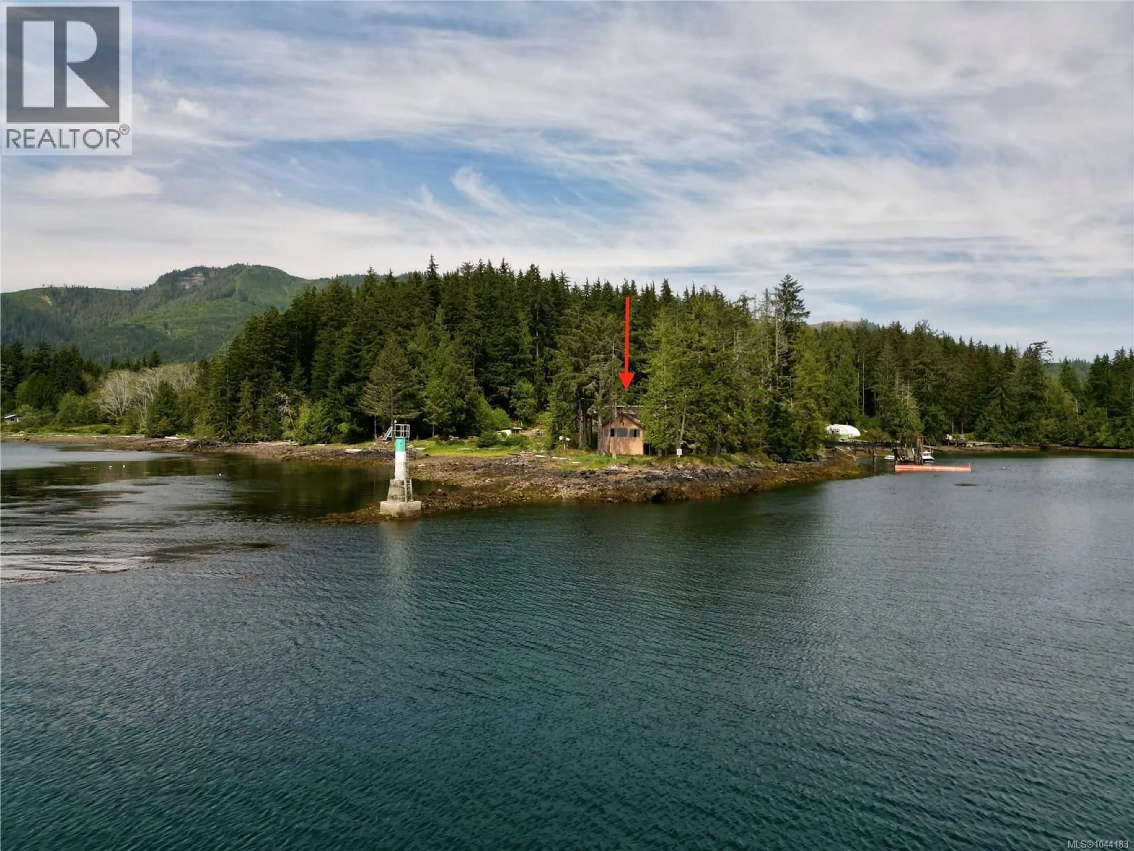 A pic from outside/outdoor area/front of a property/back of a property/a pic from drone, water/lake/river/ocean view for 185 LEESON POINT ROAD, Quatsino British Columbia V0N2V0