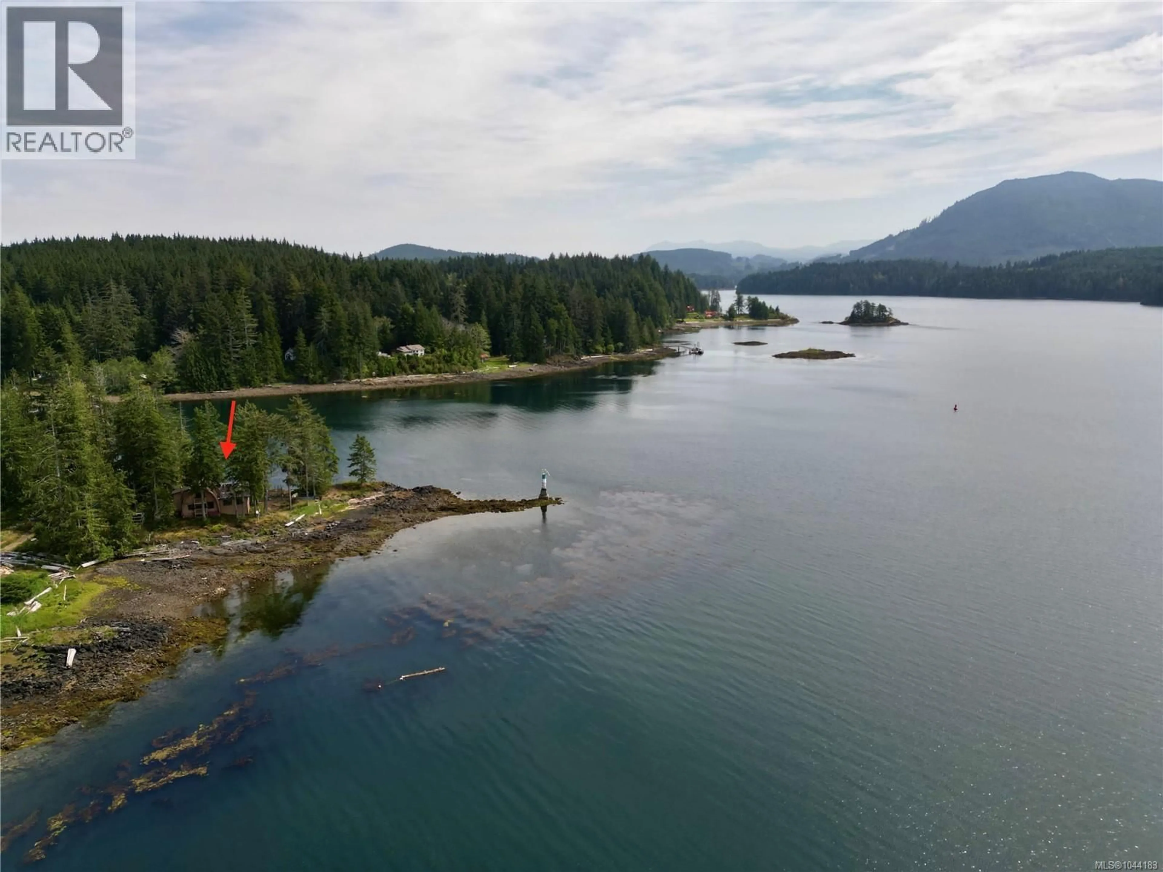 A pic from outside/outdoor area/front of a property/back of a property/a pic from drone, water/lake/river/ocean view for 185 LEESON POINT ROAD, Quatsino British Columbia V0N2V0