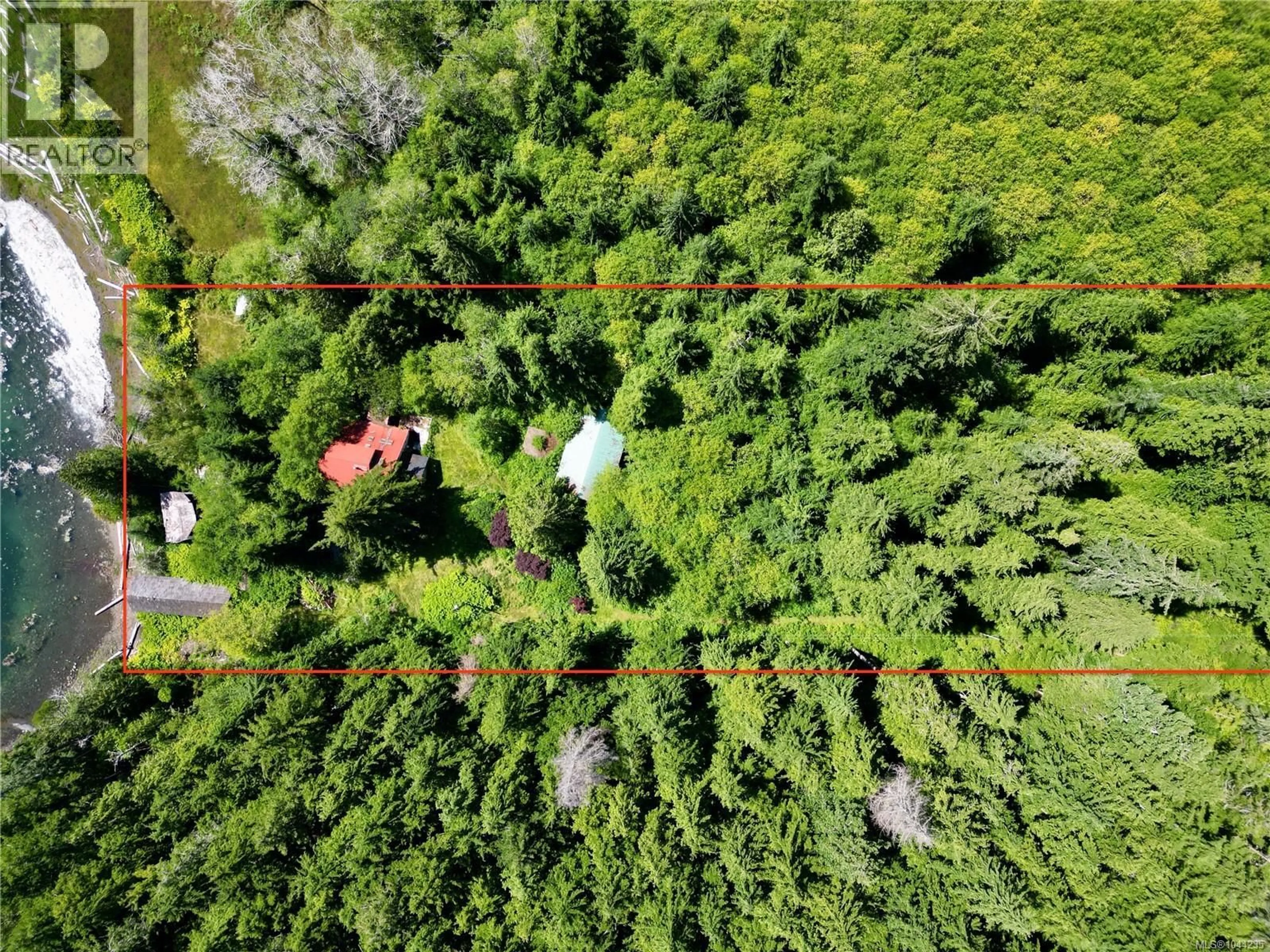 A pic from outside/outdoor area/front of a property/back of a property/a pic from drone, forest/trees view for 245 QUATSINO ROAD, Quatsino British Columbia V0N2V0