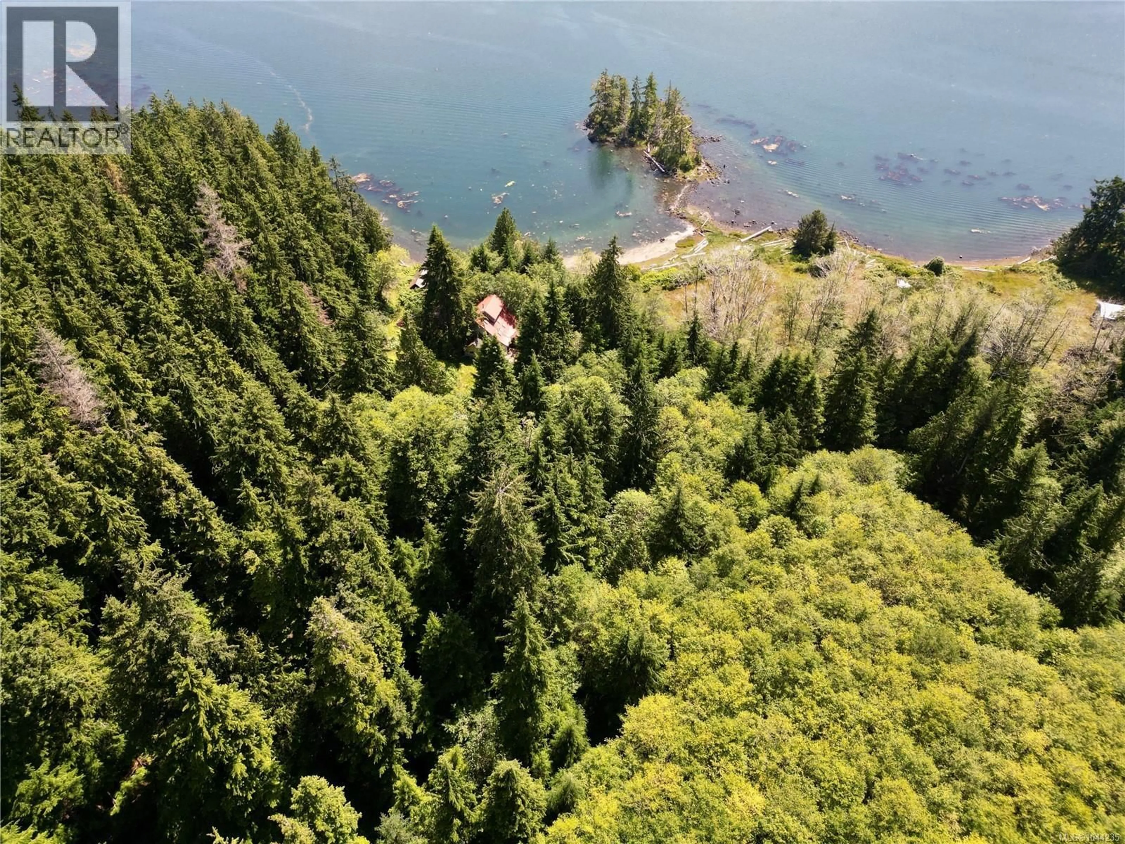 A pic from outside/outdoor area/front of a property/back of a property/a pic from drone, forest/trees view for 245 QUATSINO ROAD, Quatsino British Columbia V0N2V0