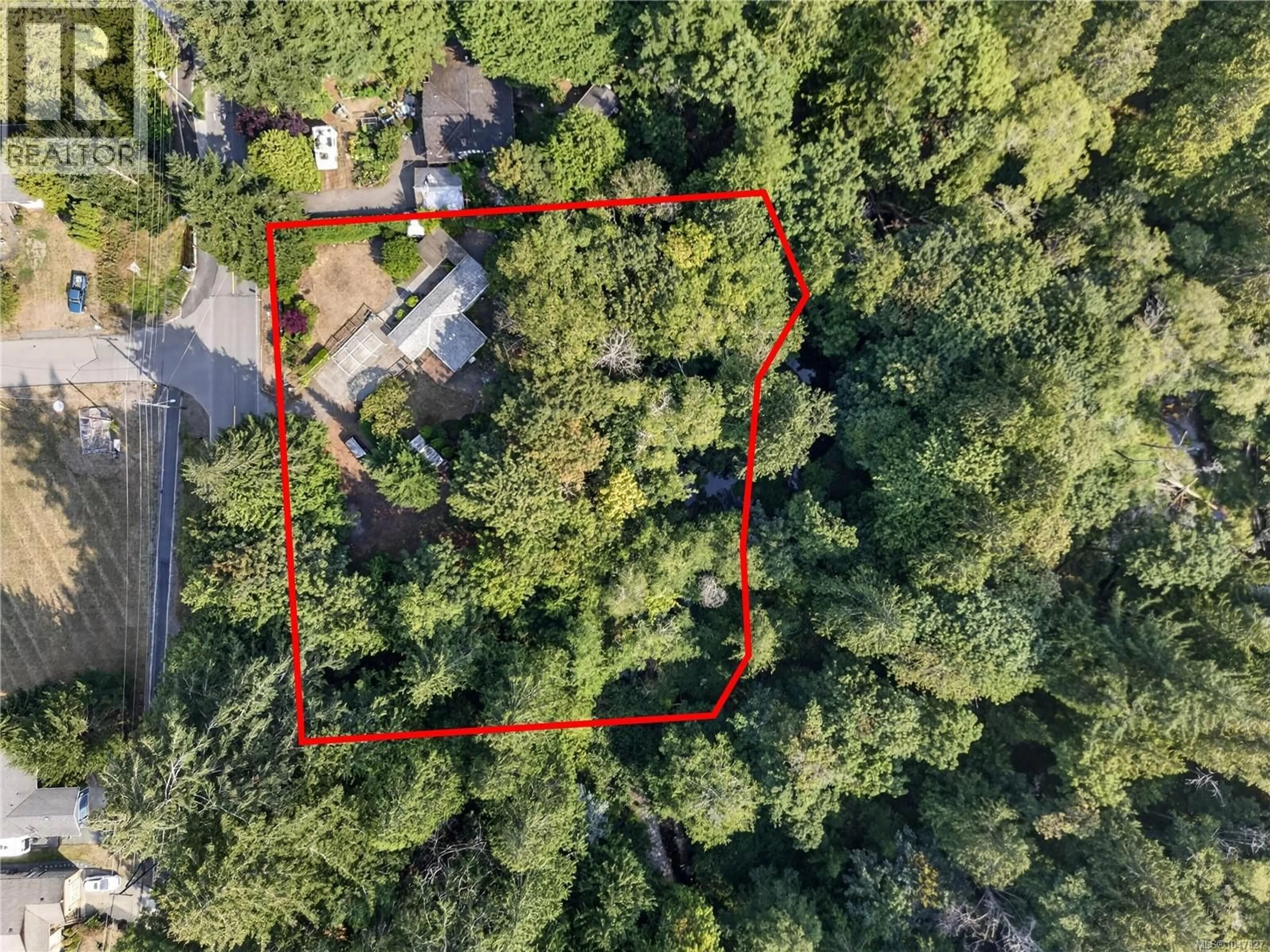A pic from outside/outdoor area/front of a property/back of a property/a pic from drone, forest/trees view for 205 ATKINS ROAD, View Royal British Columbia V9B2Z8