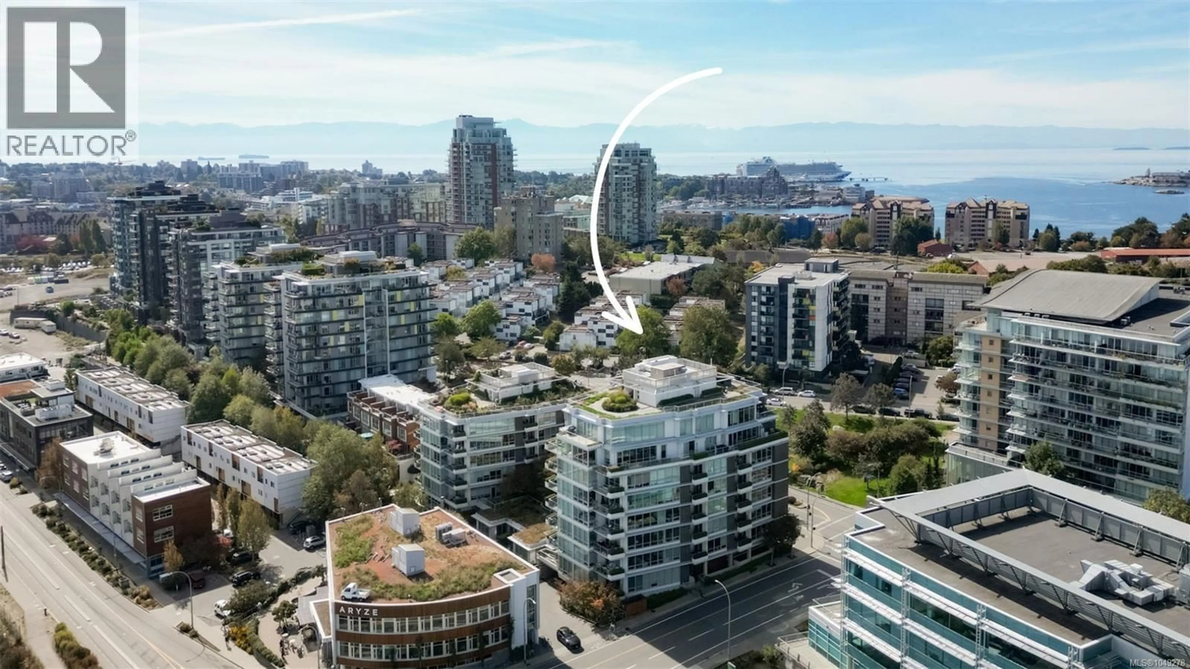 A pic from outside/outdoor area/front of a property/back of a property/a pic from drone, city buildings view from balcony for 406 - 399 TYEE ROAD, Victoria British Columbia V9A0A8