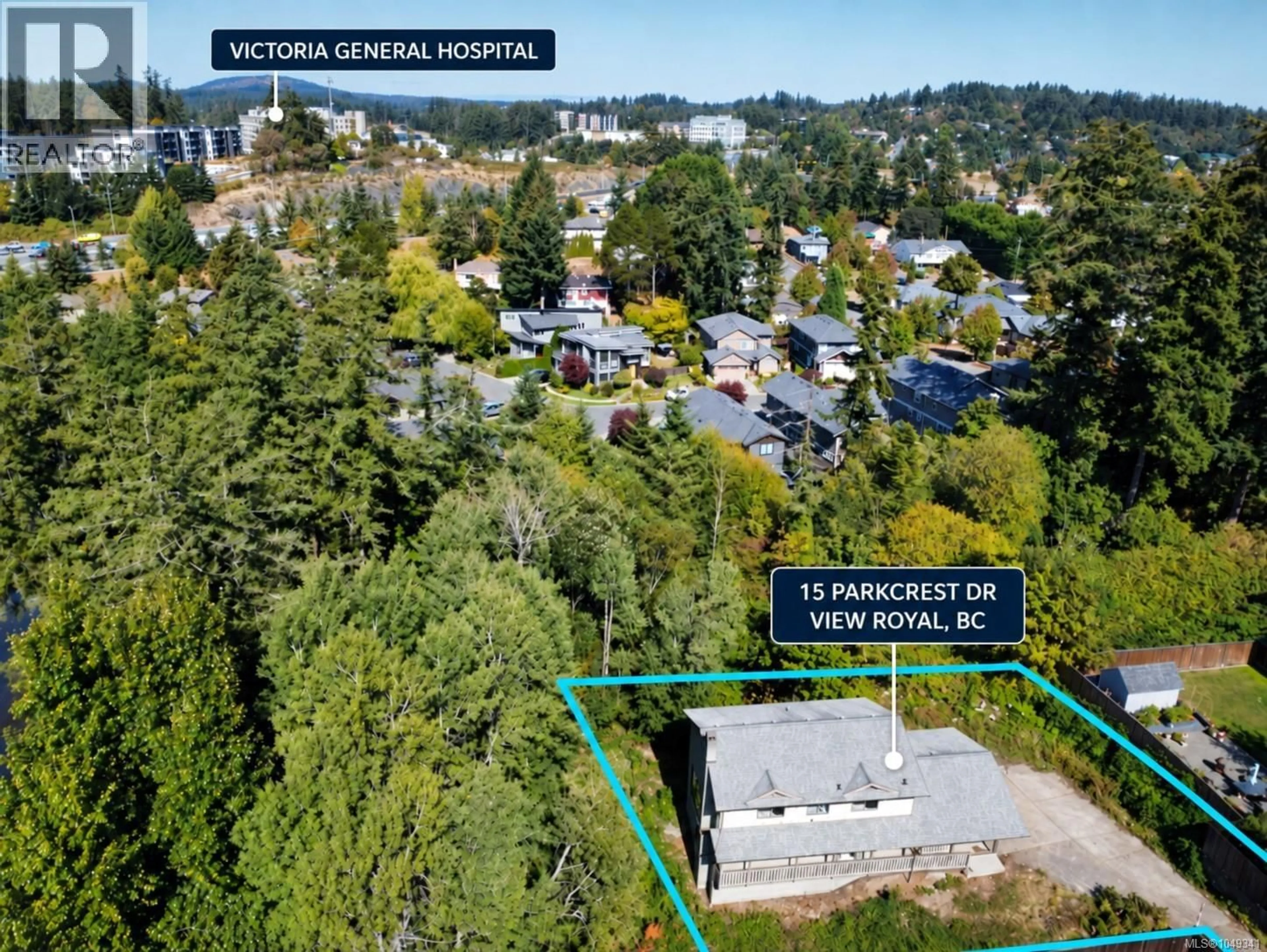 A pic from outside/outdoor area/front of a property/back of a property/a pic from drone, street for 15 PARKCREST DRIVE, View Royal British Columbia V9B5L9