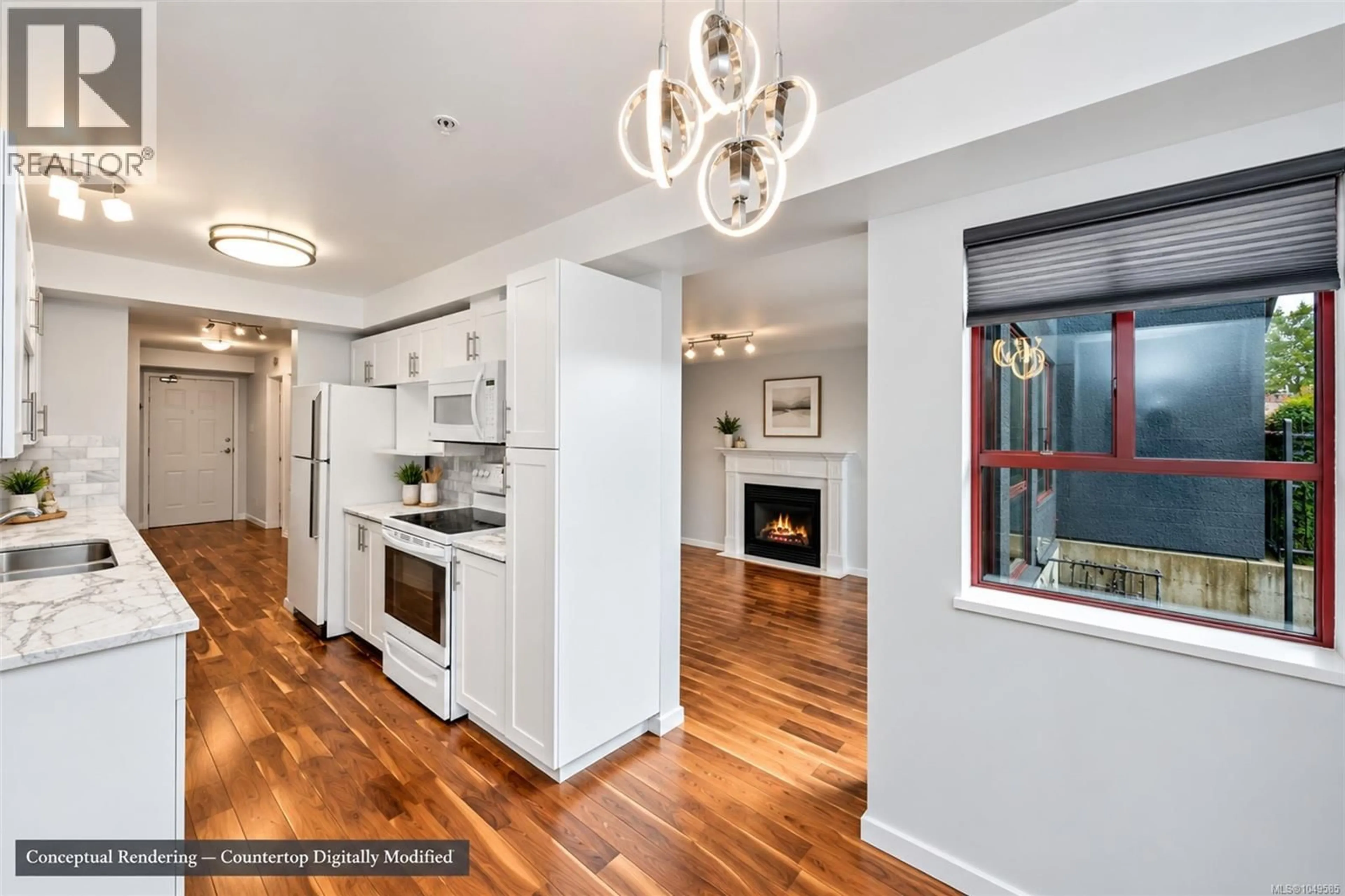 Open concept kitchen, wood/laminate floor for 106 - 520 DUNEDIN STREET, Victoria British Columbia V8T2L6