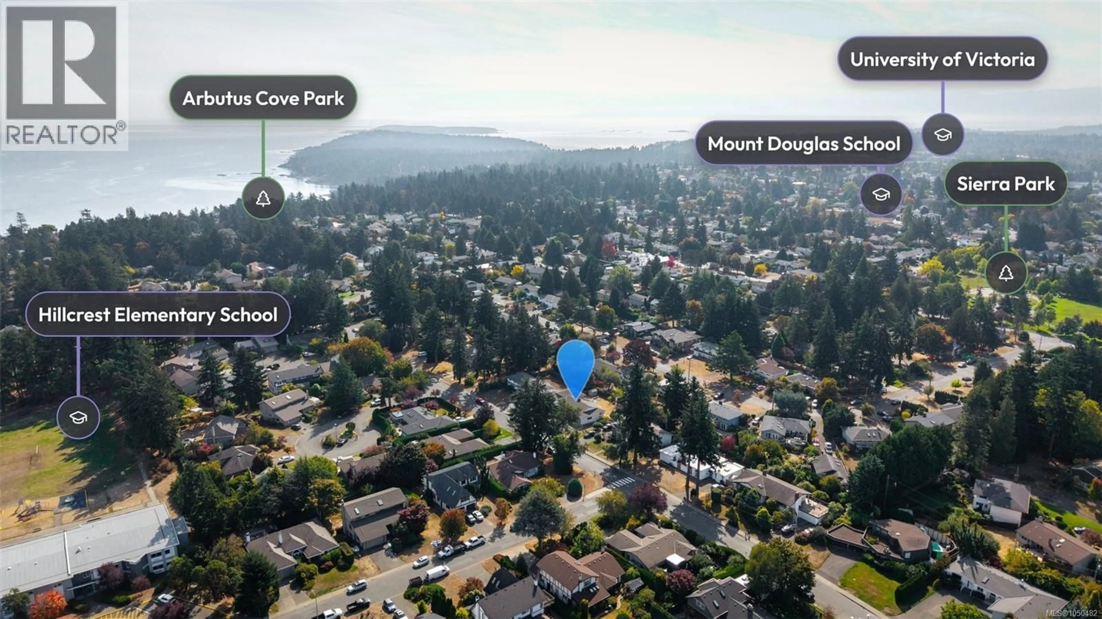 A pic from outside/outdoor area/front of a property/back of a property/a pic from drone, mountain view for 1857 HILLCREST AVENUE, Saanich British Columbia V8N2R7