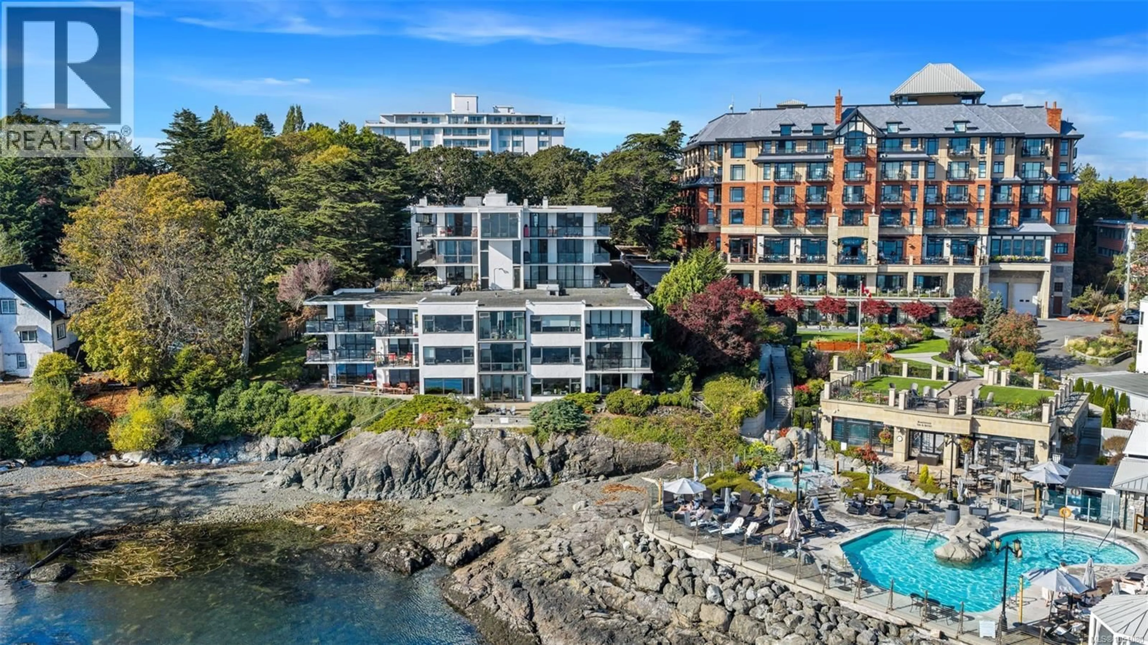 A pic from outside/outdoor area/front of a property/back of a property/a pic from drone, water/lake/river/ocean view for 407 - 1159 BEACH DRIVE, Oak Bay British Columbia V8S2N2