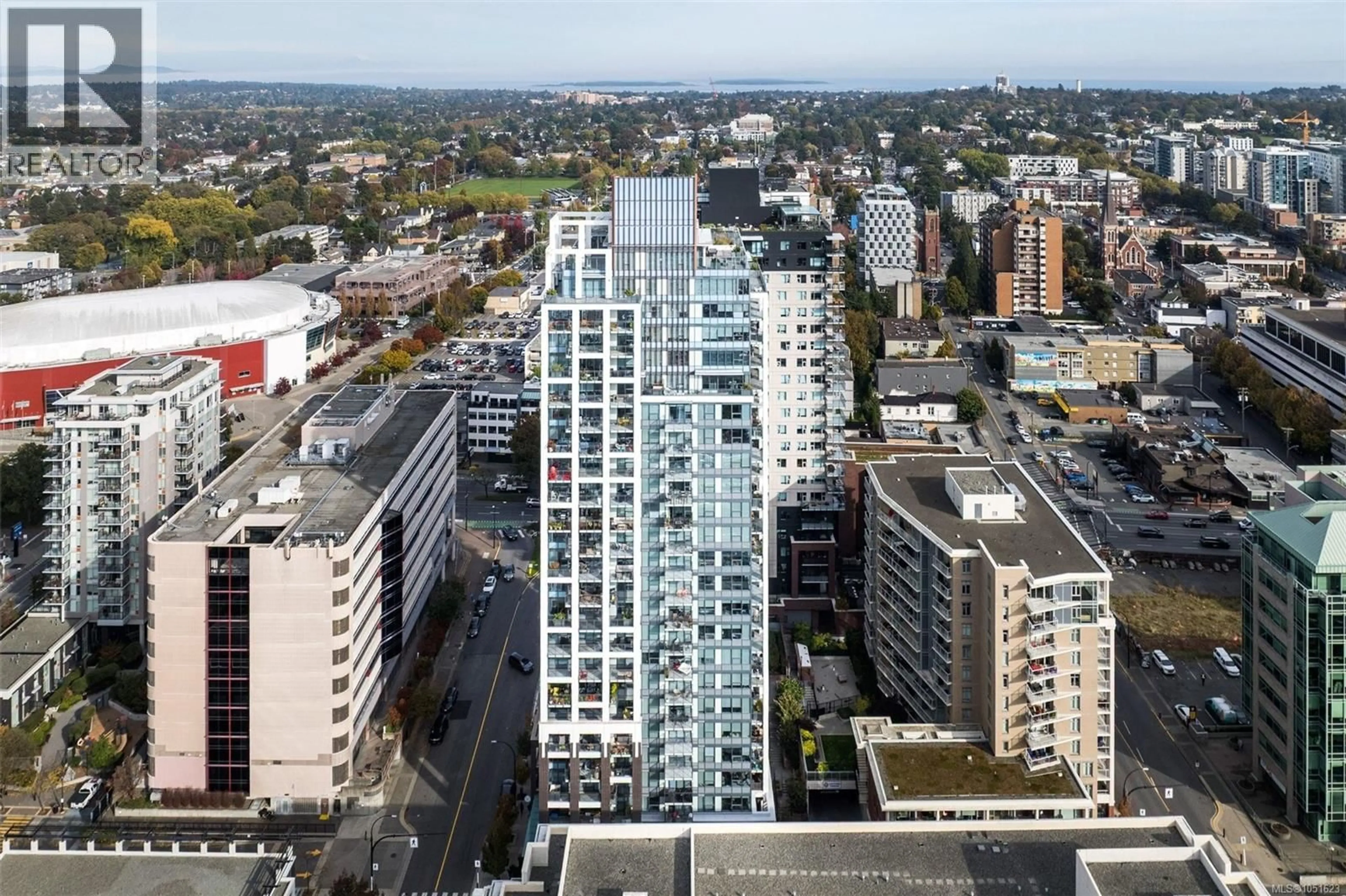 A pic from outside/outdoor area/front of a property/back of a property/a pic from drone, city buildings view from balcony for 804 - 777 HERALD STREET, Victoria British Columbia V9T0C7