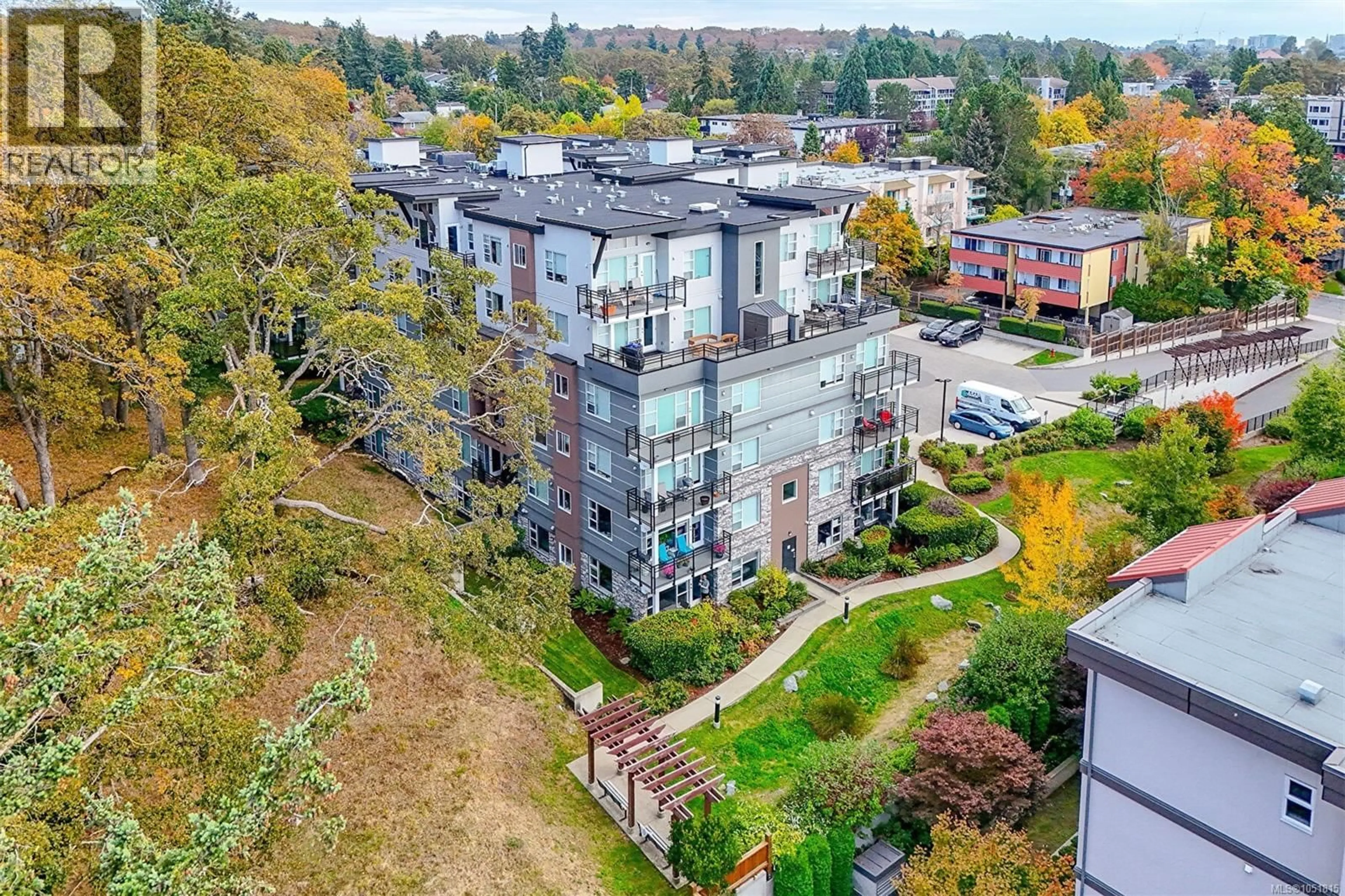 A pic from outside/outdoor area/front of a property/back of a property/a pic from drone, city buildings view from balcony for 104 - 1016 INVERNESS ROAD, Saanich British Columbia V8X0B1