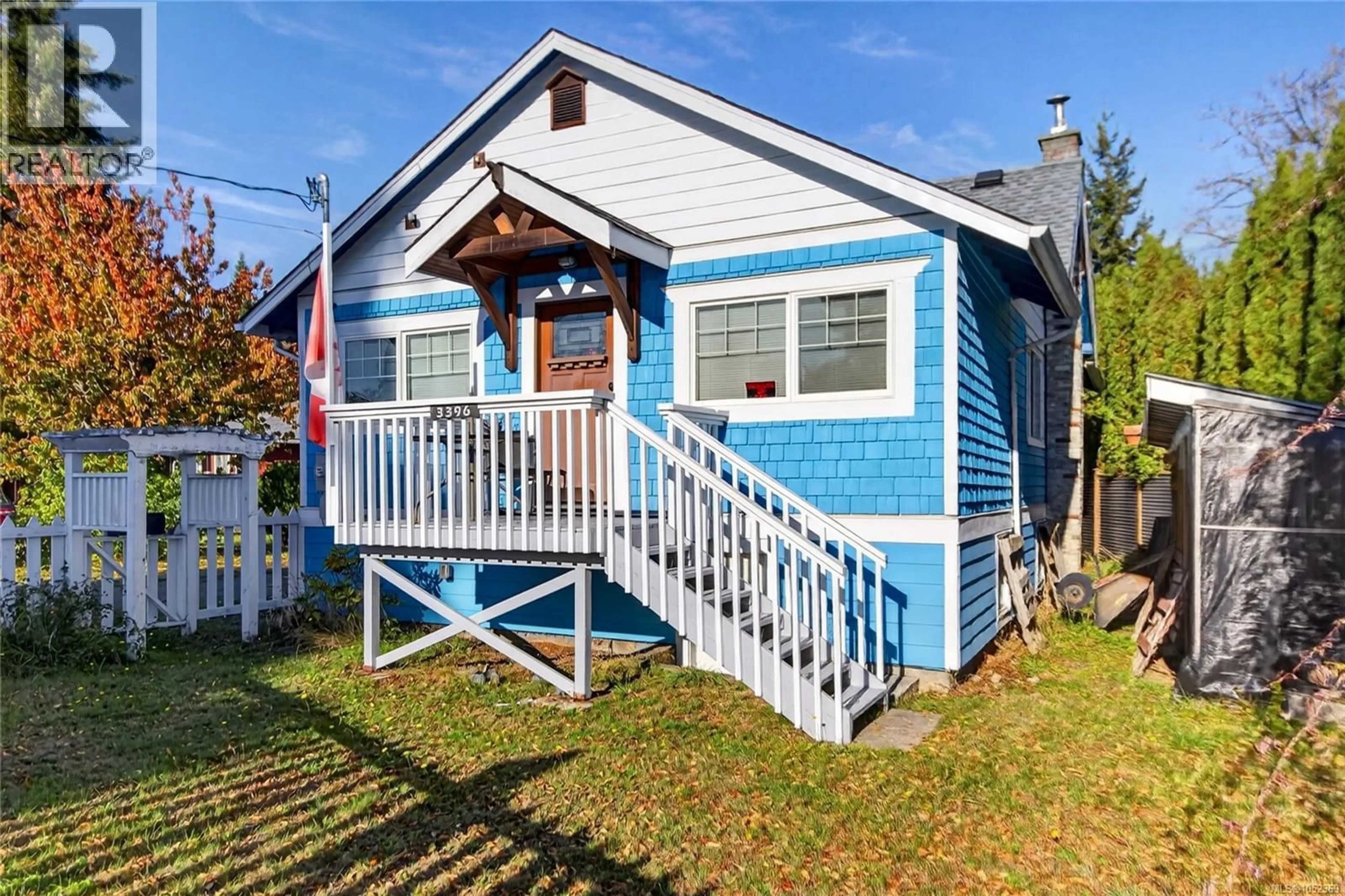 Home with vinyl exterior material, street for 3396 BEVAN ROAD, Cumberland British Columbia V0R1S0