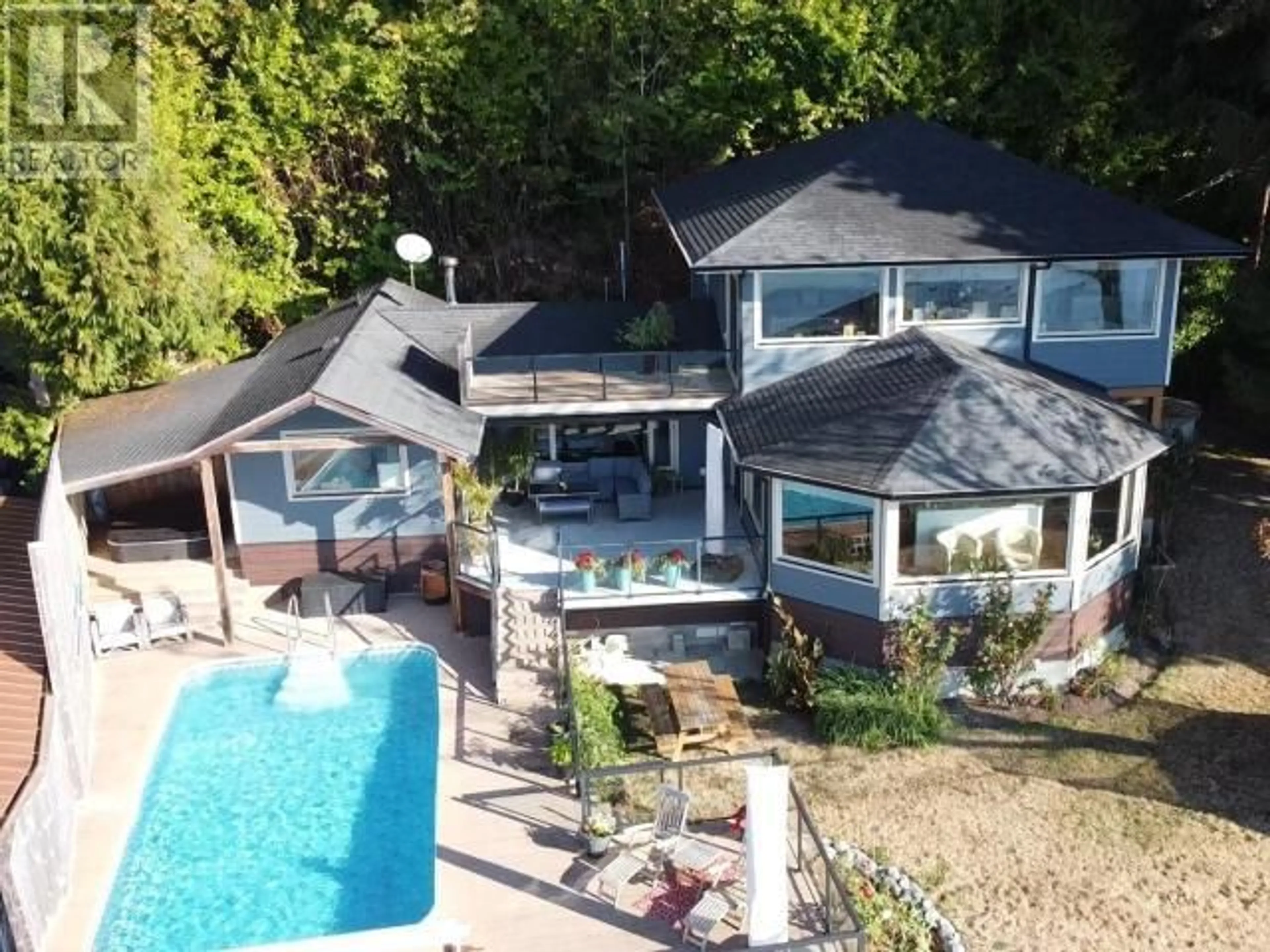 A pic from outside/outdoor area/front of a property/back of a property/a pic from drone, mountain view for 3311 ATREVIDA ROAD, Powell River British Columbia V8A0E1