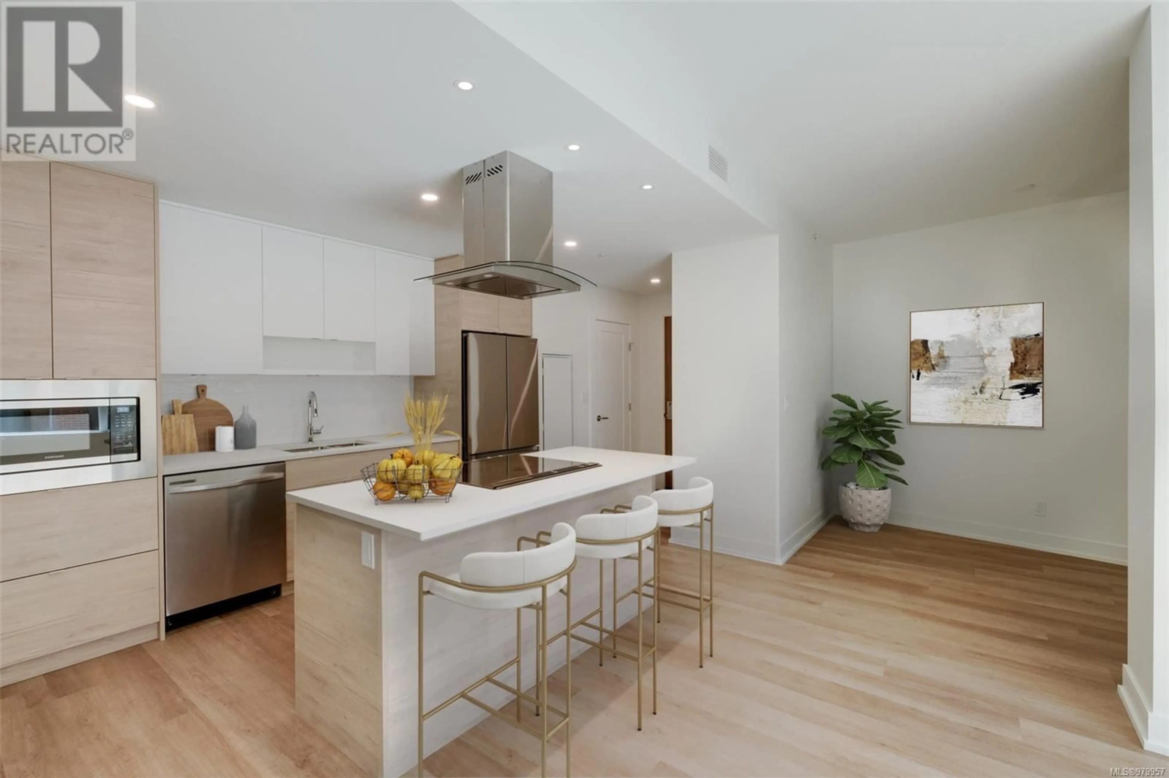 Contemporary kitchen, wood floors for 606 1628 Store St, Victoria British Columbia V8W0H1