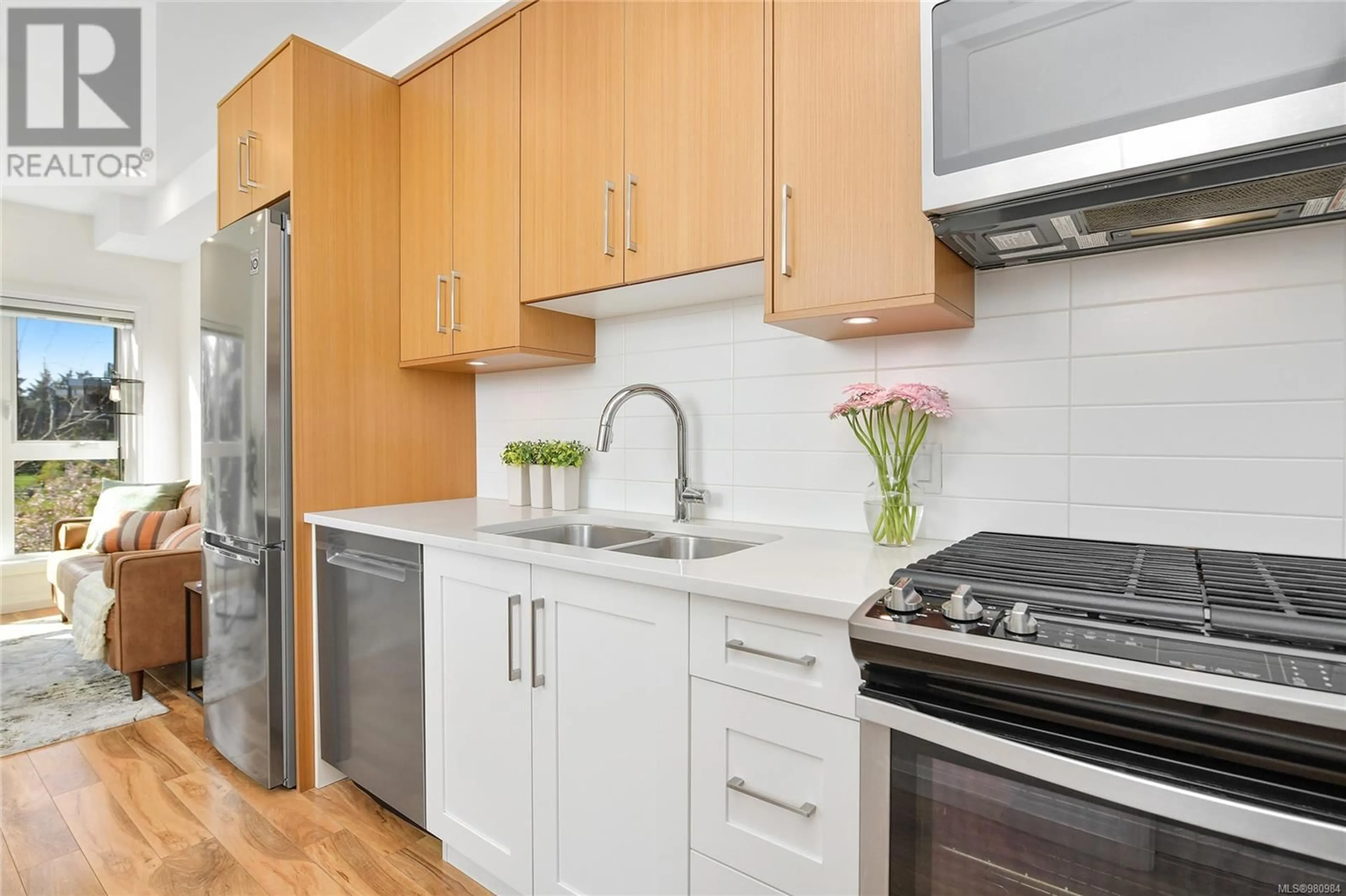 Standard kitchen, wood floors for 209 745 Travino Lane, Saanich British Columbia V8Z0E5