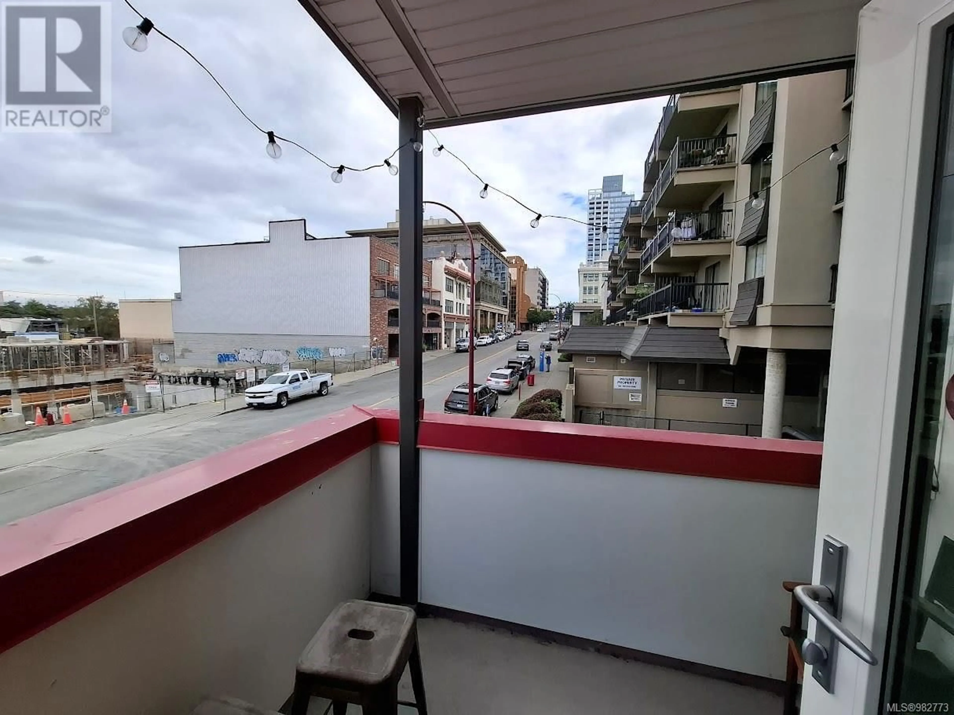 Balcony in the apartment, the street view for 201 613 Herald St, Victoria British Columbia V8W1S8