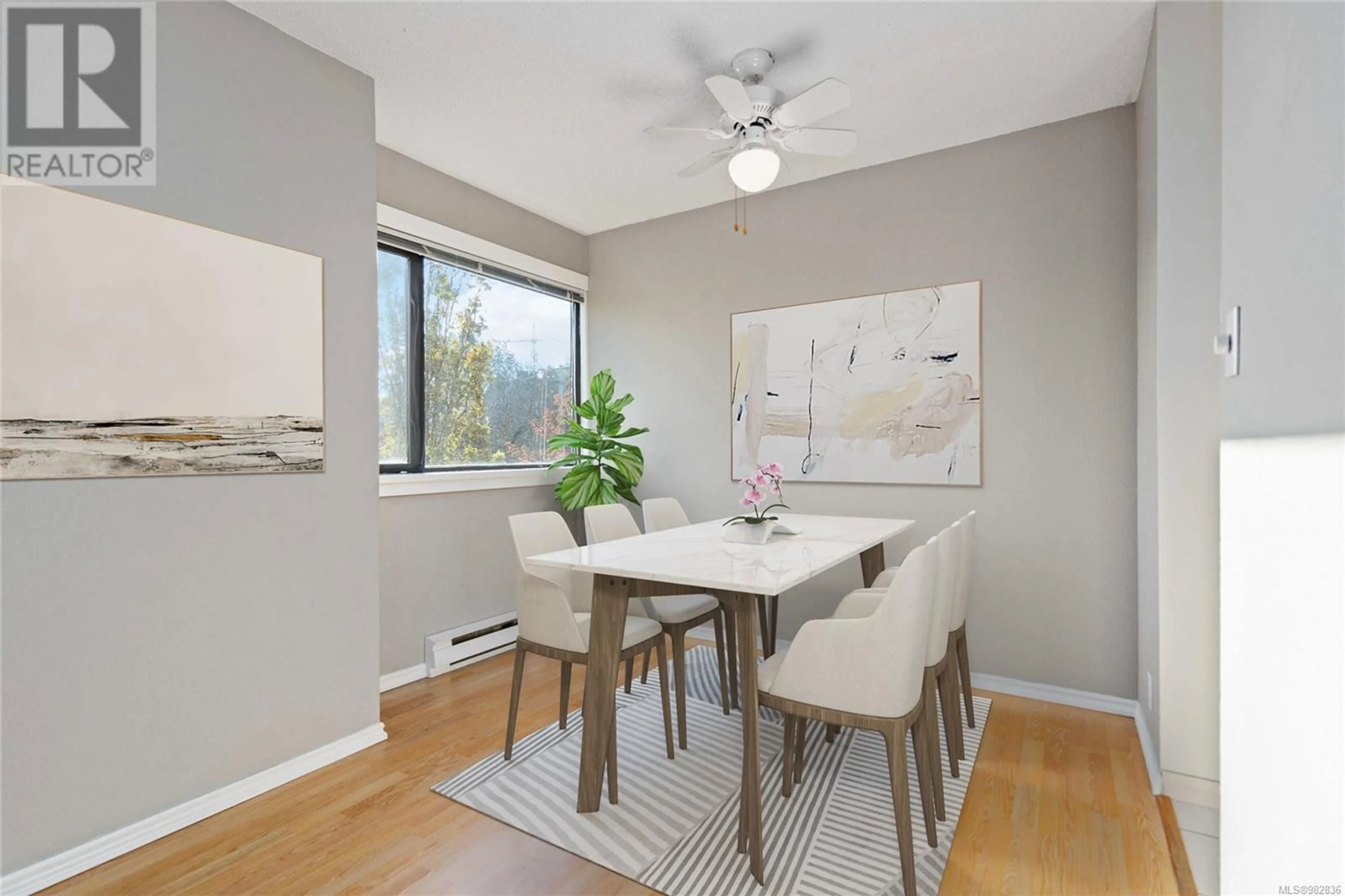 Dining room, wood floors, cottage for 409 1630 Quadra St, Victoria British Columbia V8W3J5