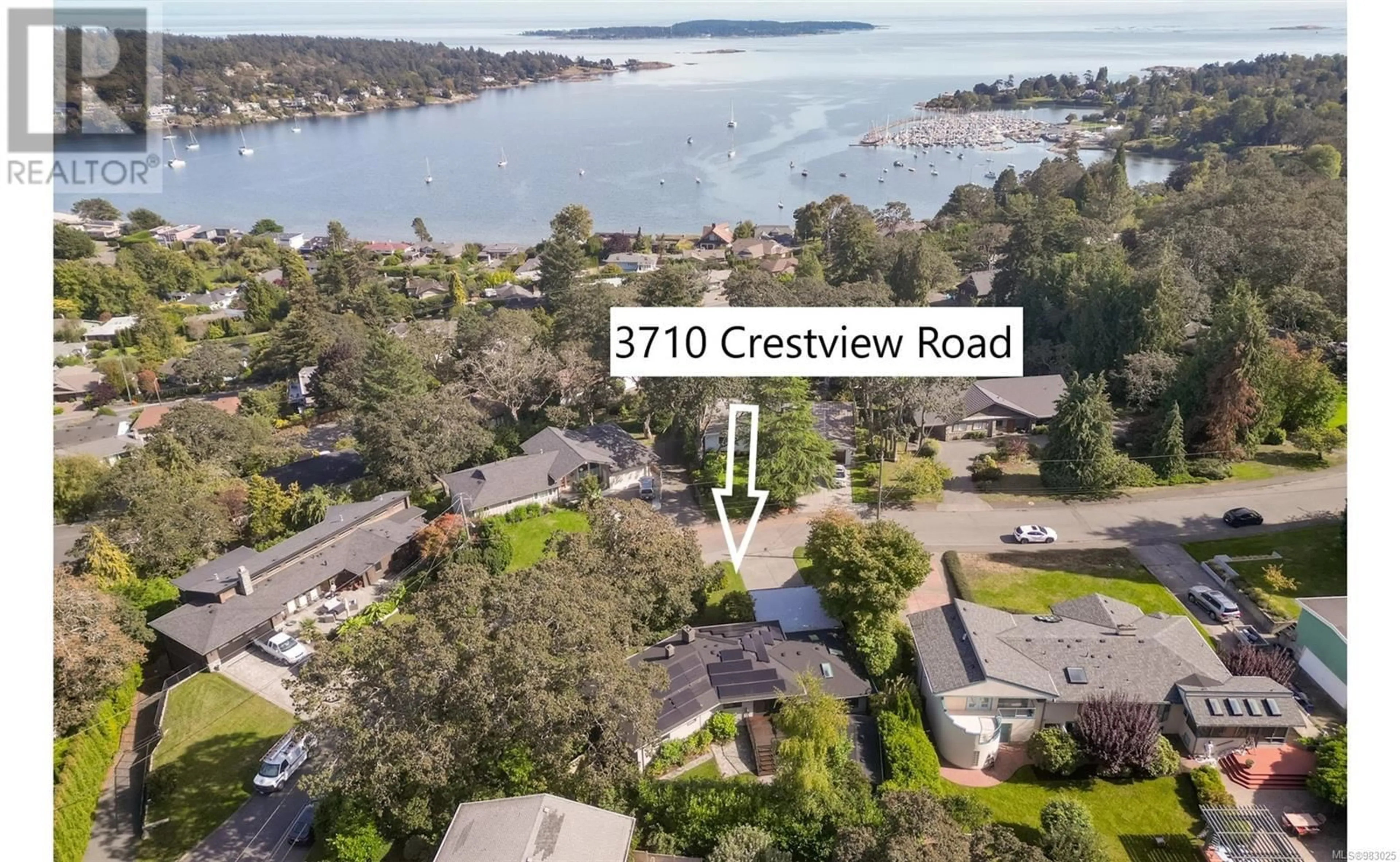 A pic from outside/outdoor area/front of a property/back of a property/a pic from drone, water/lake/river/ocean view for 3710 Crestview Rd, Saanich British Columbia V8P5C4