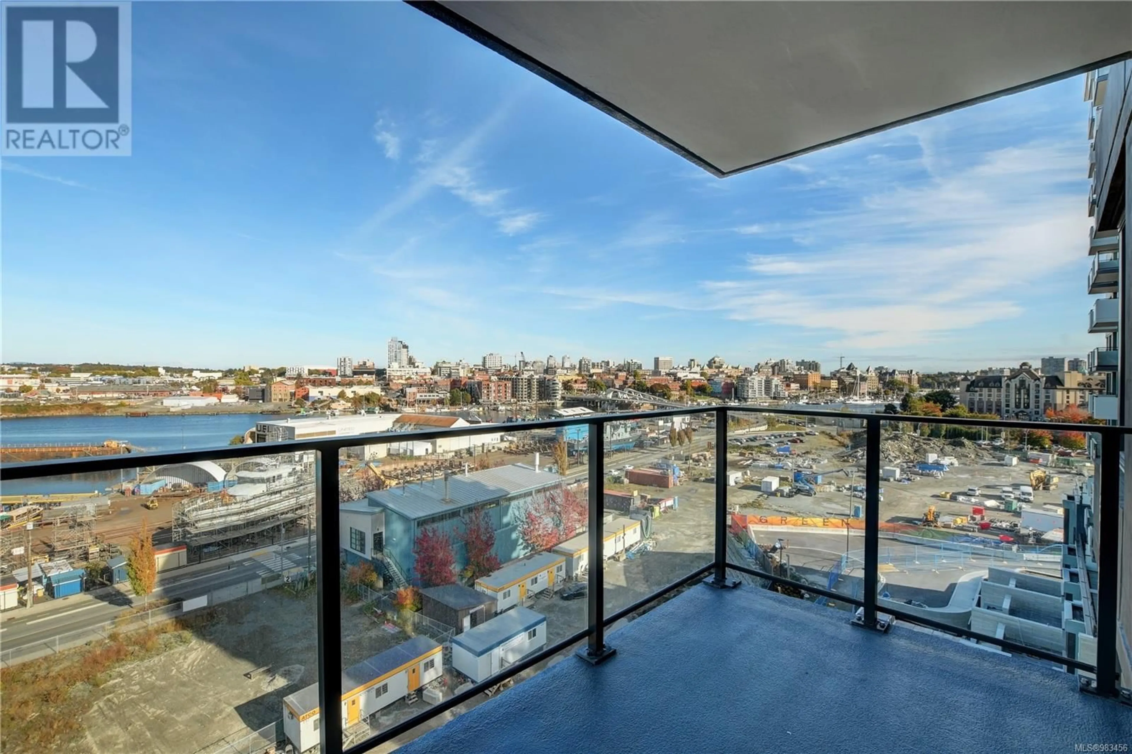 Balcony in the apartment, city buildings view from balcony for 708 363 Tyee Rd, Victoria British Columbia V9A0B5