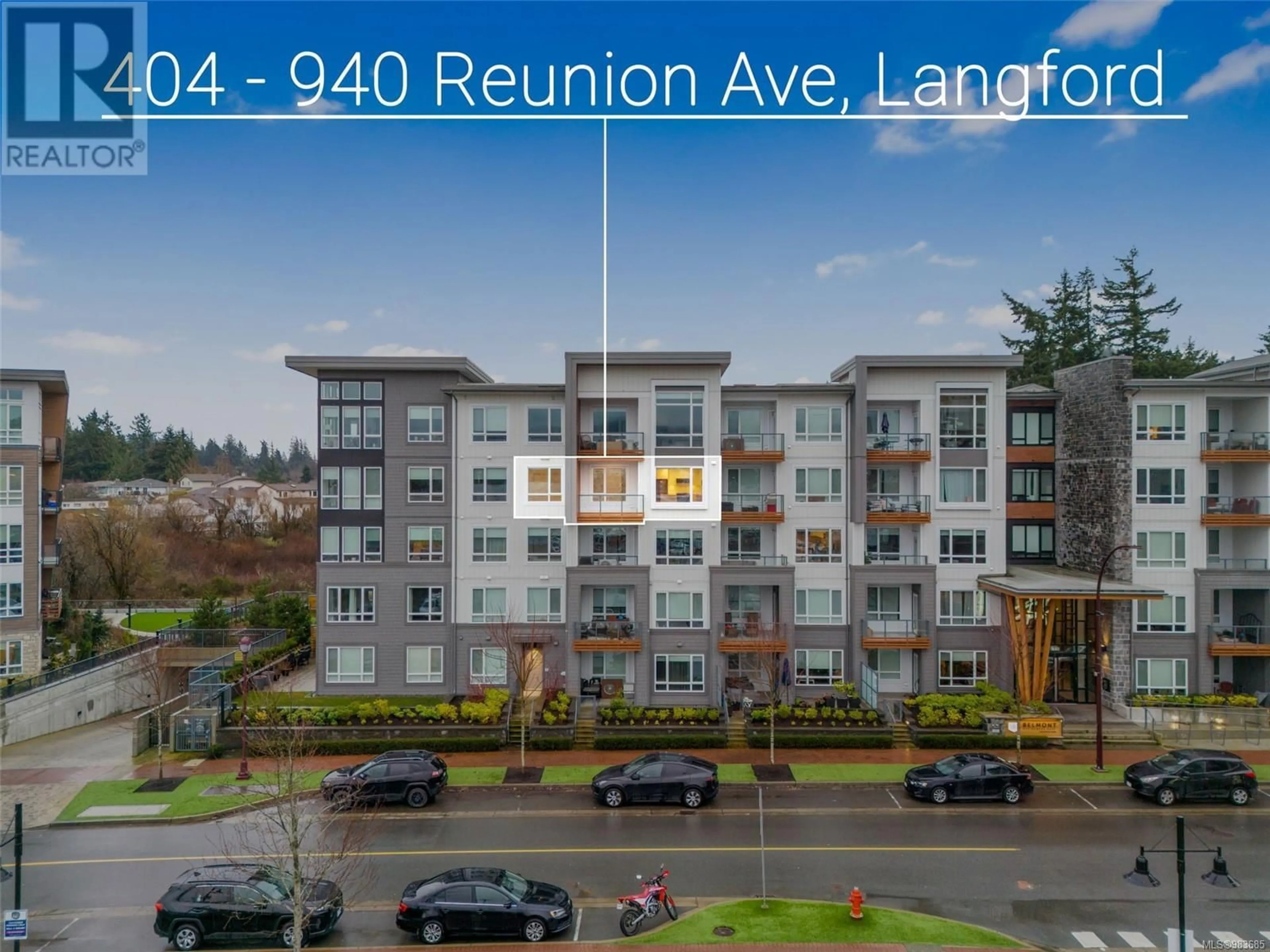 A pic from outside/outdoor area/front of a property/back of a property/a pic from drone, water/lake/river/ocean view for 404 940 Reunion Ave, Langford British Columbia V9B0W6