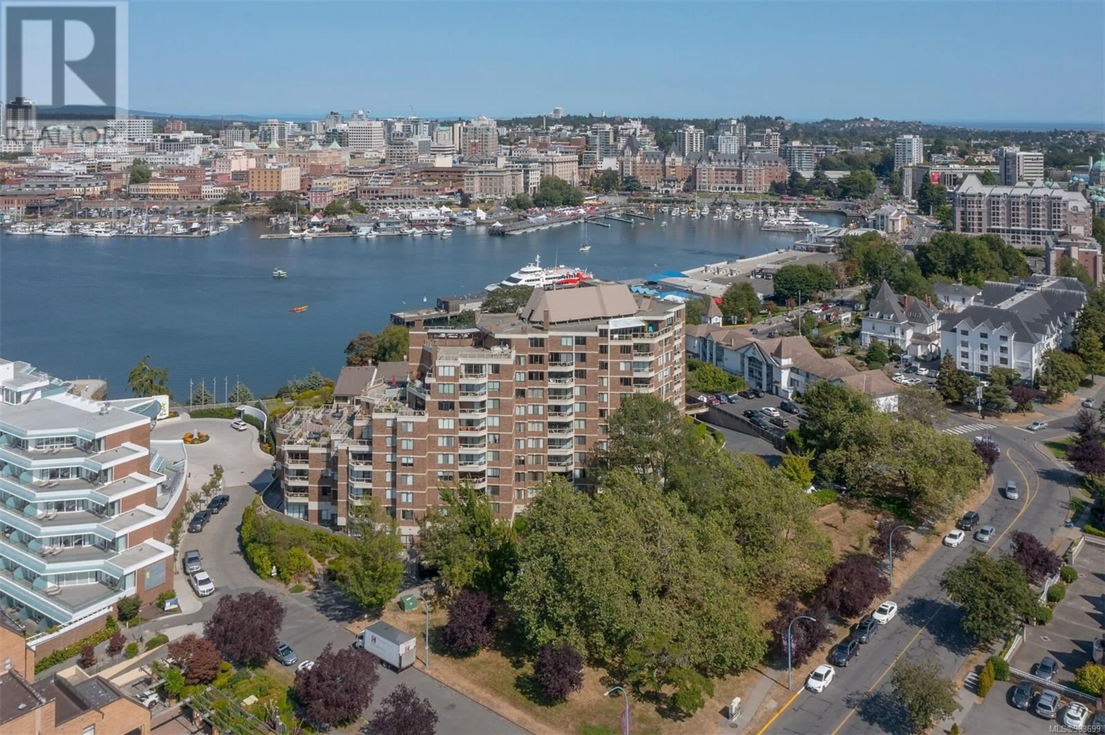 A pic from outside/outdoor area/front of a property/back of a property/a pic from drone, water/lake/river/ocean view for 415 225 Belleville St, Victoria British Columbia V8V4T9