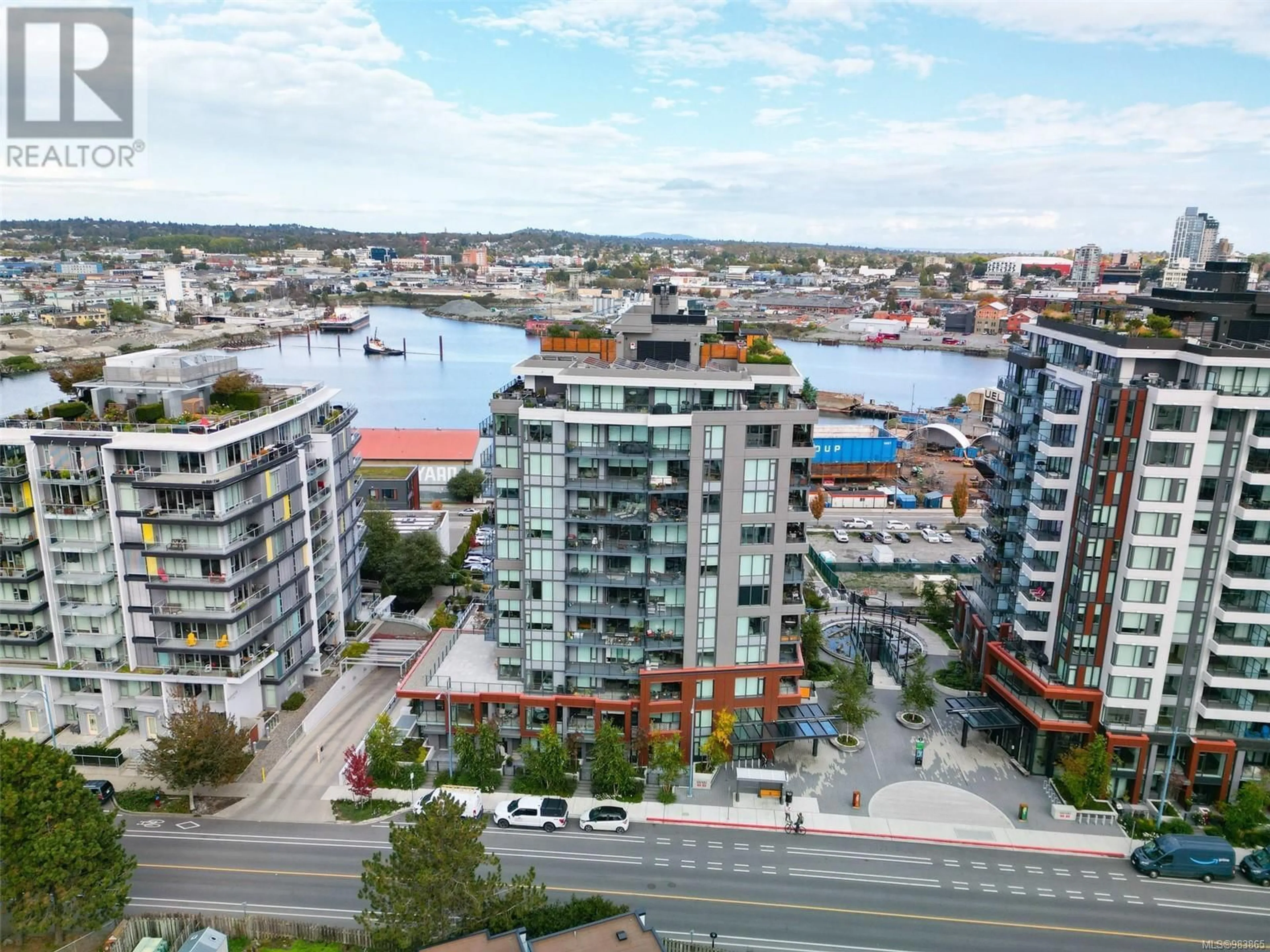 A pic from outside/outdoor area/front of a property/back of a property/a pic from drone, city buildings view from balcony for 902 369 Tyee Rd, Victoria British Columbia V9A0B6