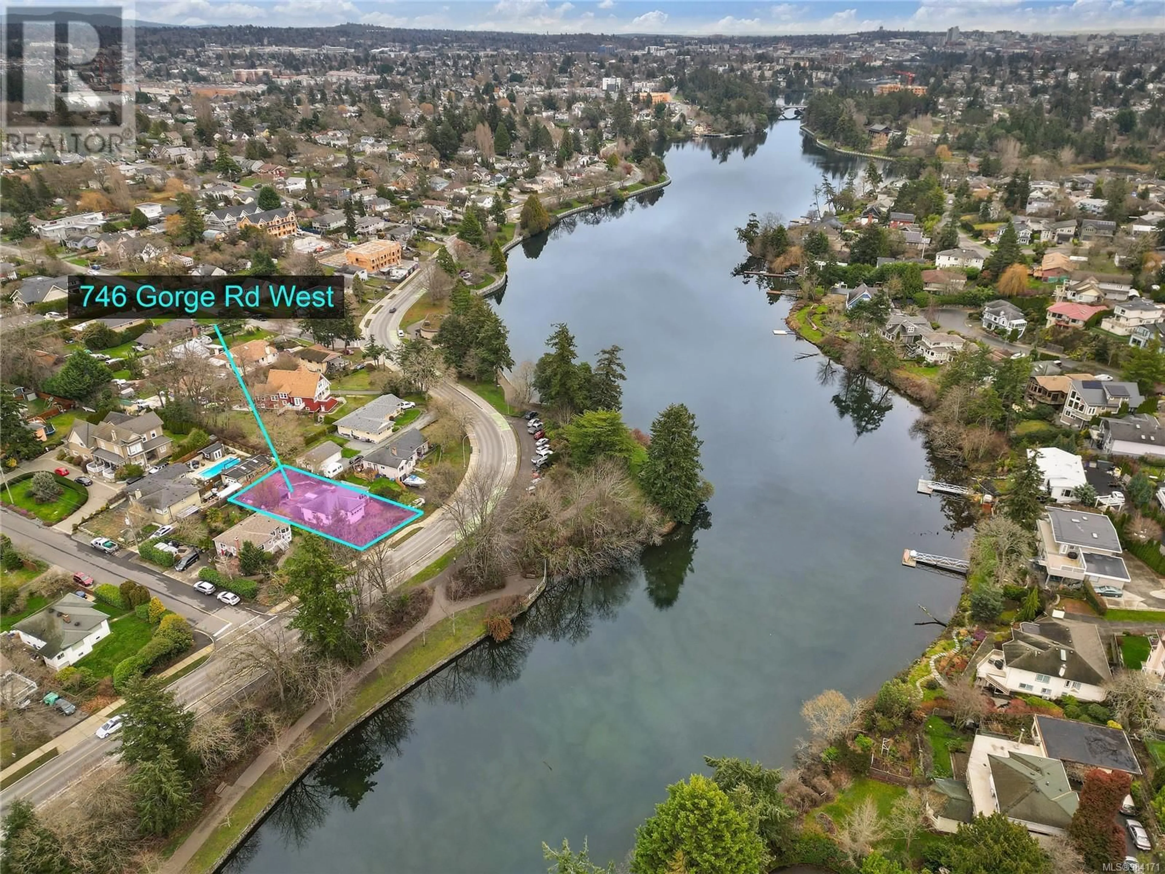 A pic from outside/outdoor area/front of a property/back of a property/a pic from drone, water/lake/river/ocean view for 746 GORGE ROAD WEST, Saanich British Columbia V9A1N6