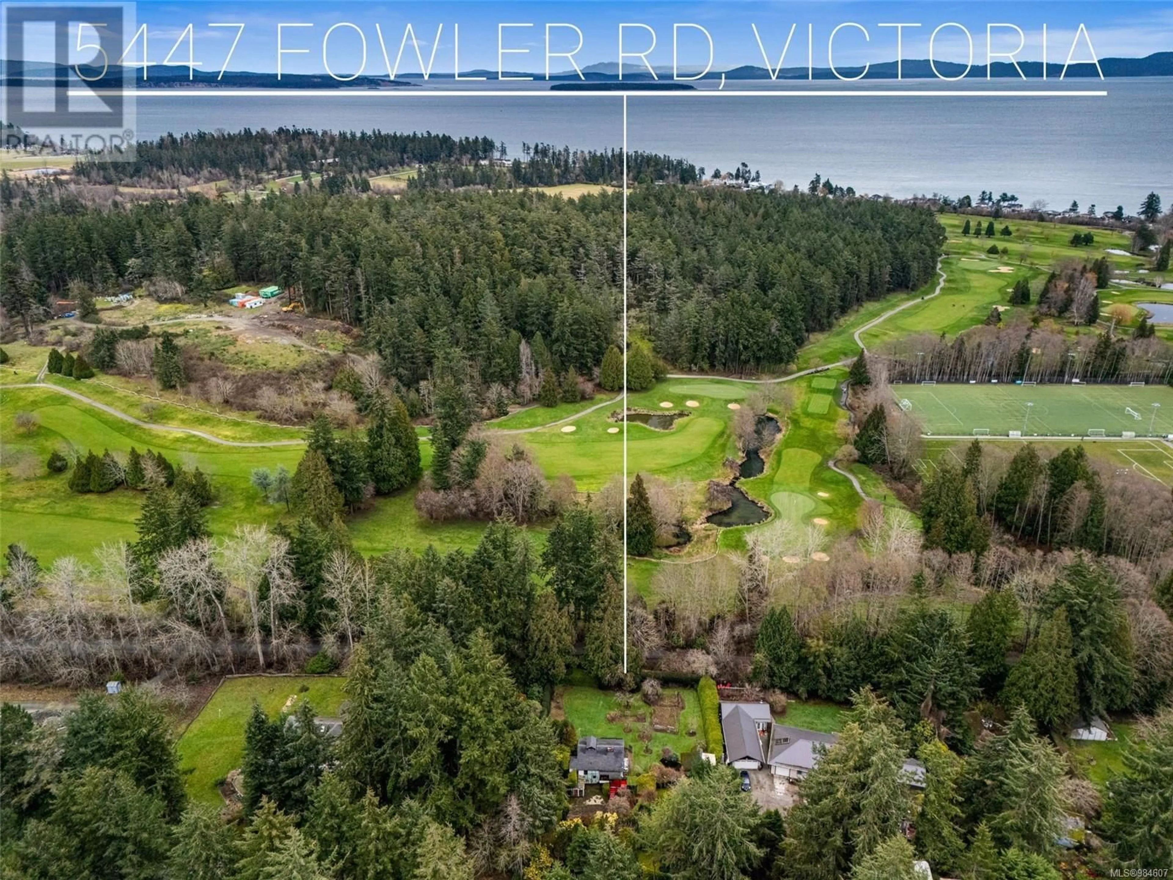 A pic from outside/outdoor area/front of a property/back of a property/a pic from drone, water/lake/river/ocean view for 5447 Fowler Rd, Saanich British Columbia V8Y1Y4