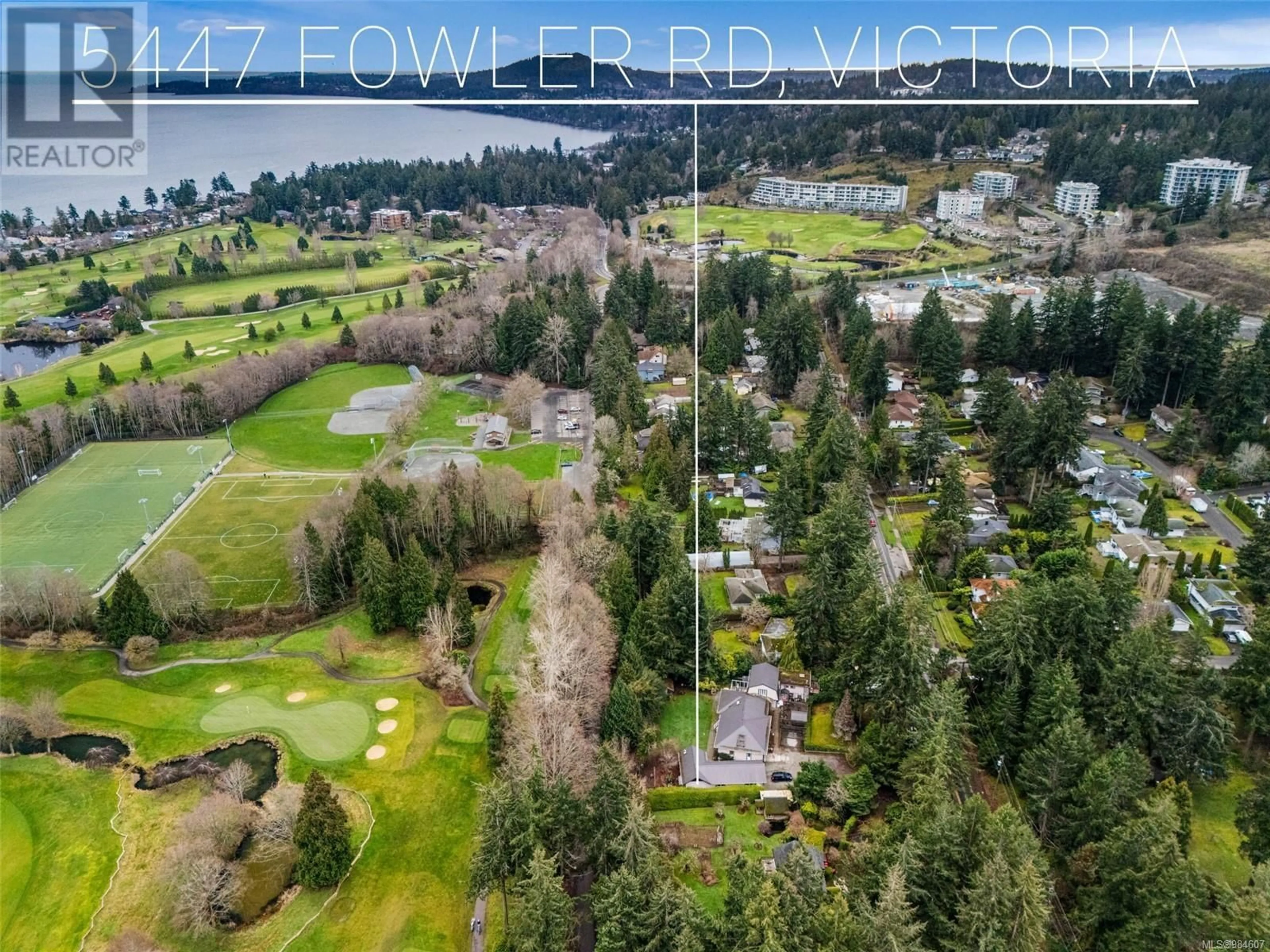 A pic from outside/outdoor area/front of a property/back of a property/a pic from drone, water/lake/river/ocean view for 5447 Fowler Rd, Saanich British Columbia V8Y1Y4