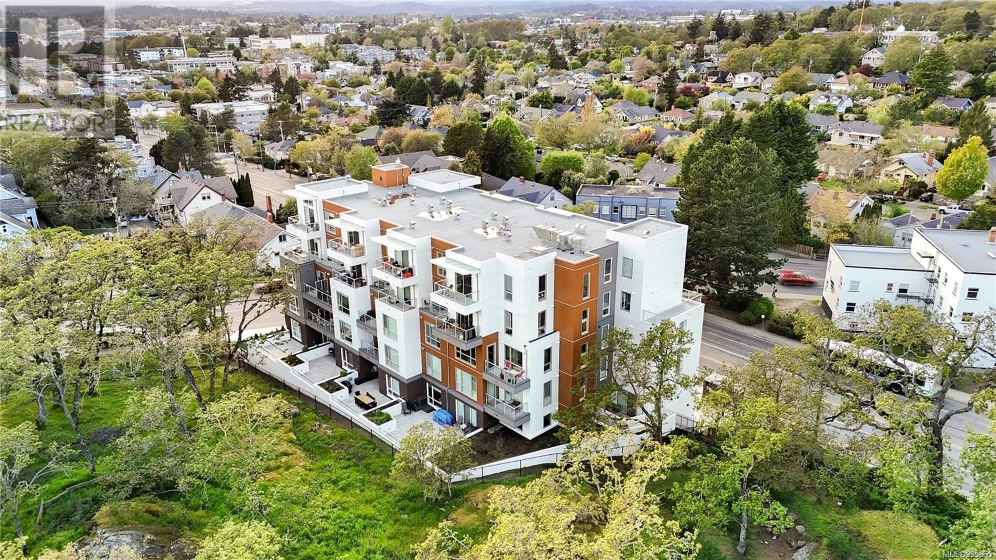 A pic from outside/outdoor area/front of a property/back of a property/a pic from drone, city buildings view from balcony for 205 1301 Hillside Ave, Victoria British Columbia V8T0E3