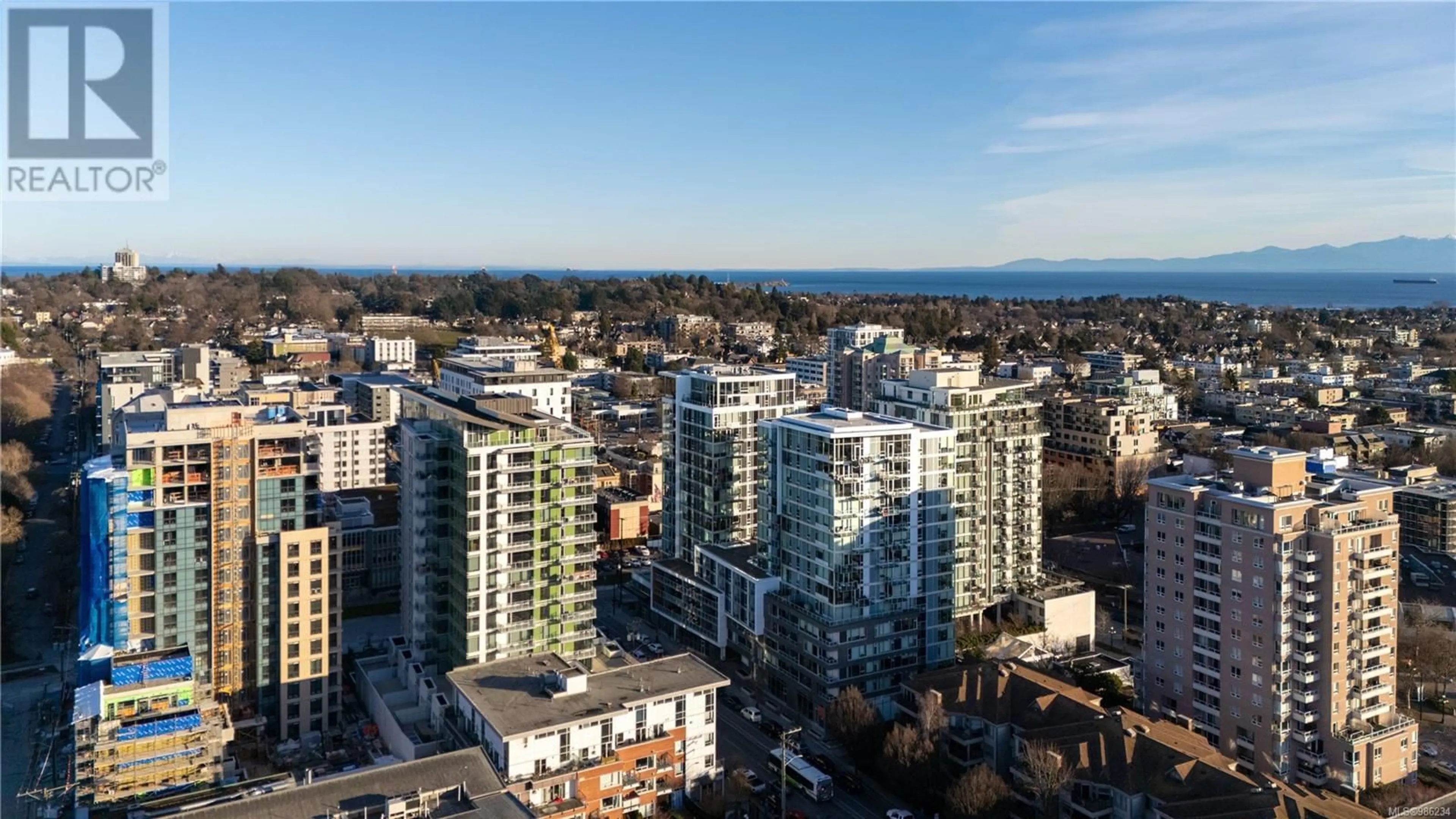 A pic from outside/outdoor area/front of a property/back of a property/a pic from drone, city buildings view from balcony for 1604 989 Johnson St, Victoria British Columbia V8V0E3