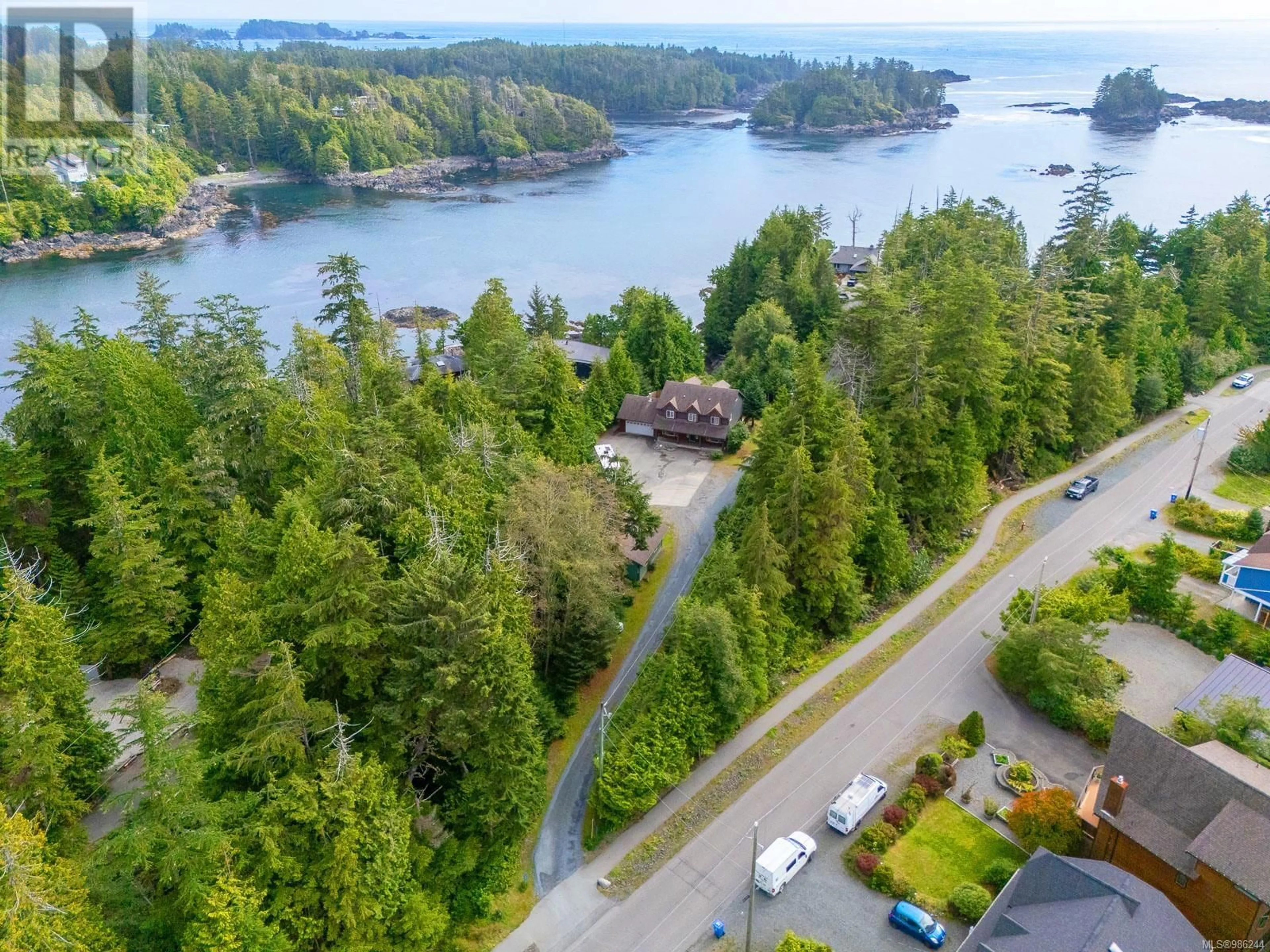 A pic from outside/outdoor area/front of a property/back of a property/a pic from drone, water/lake/river/ocean view for 398 Marine Dr, Ucluelet British Columbia V0R3A0