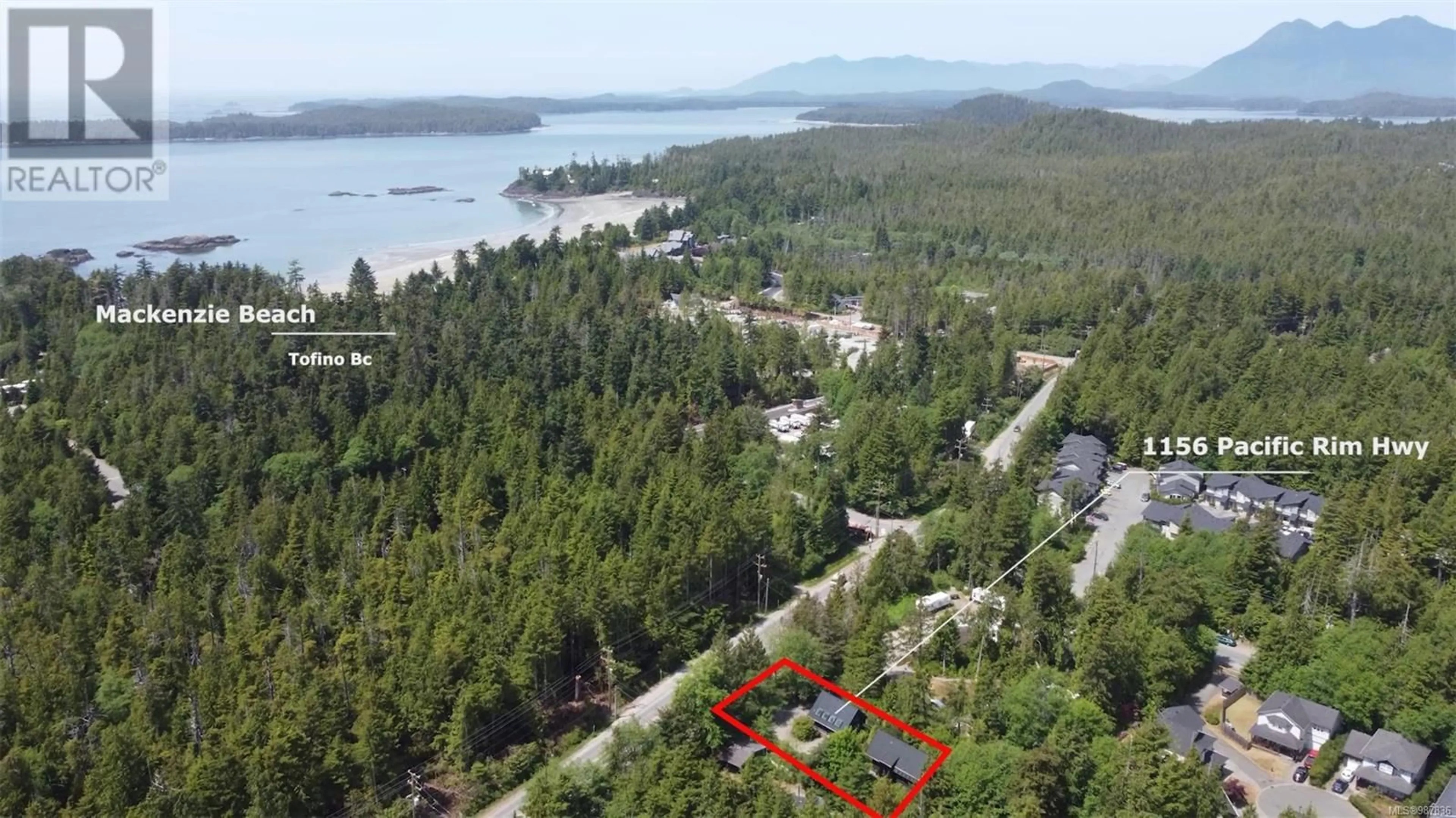 A pic from outside/outdoor area/front of a property/back of a property/a pic from drone, forest/trees view for 1156 Pacific Rim Hwy, Tofino British Columbia V0R2Z0