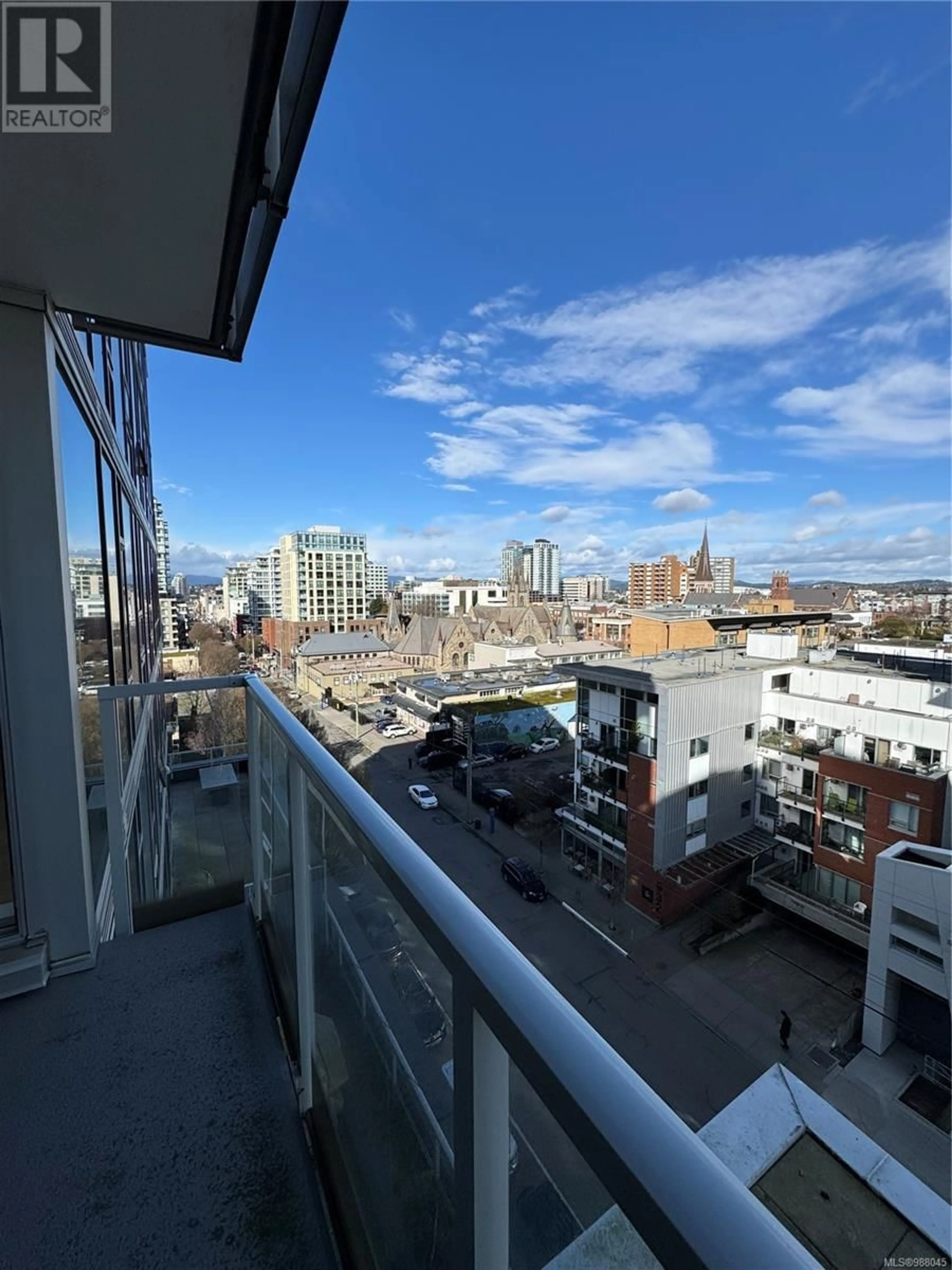 Balcony in the apartment, city buildings view from balcony for 805 - 989 JOHNSON STREET, Victoria British Columbia V8V0E3