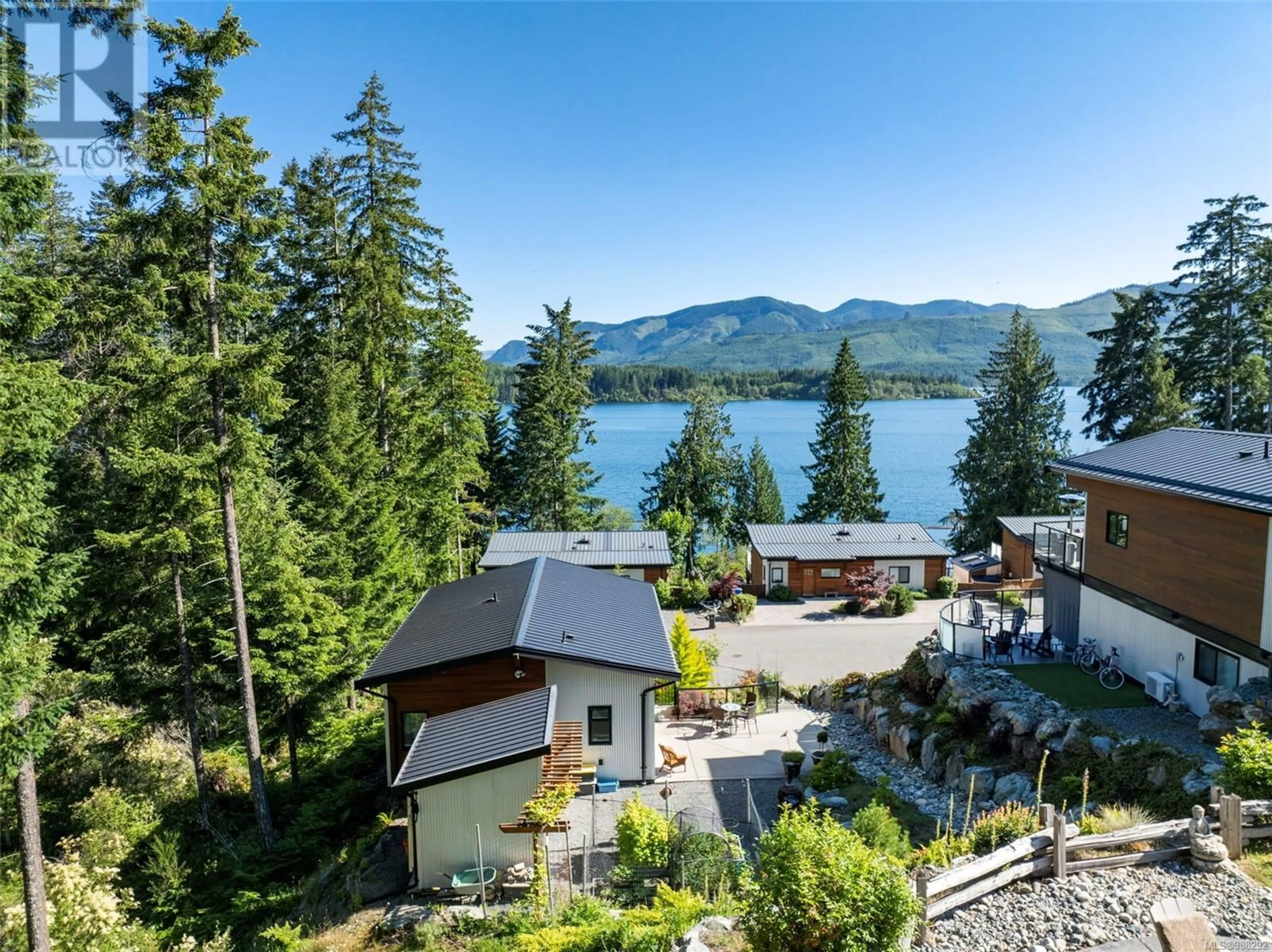 A pic from outside/outdoor area/front of a property/back of a property/a pic from drone, water/lake/river/ocean view for 9535 CABANA PLACE, Lake Cowichan British Columbia V0R2G1