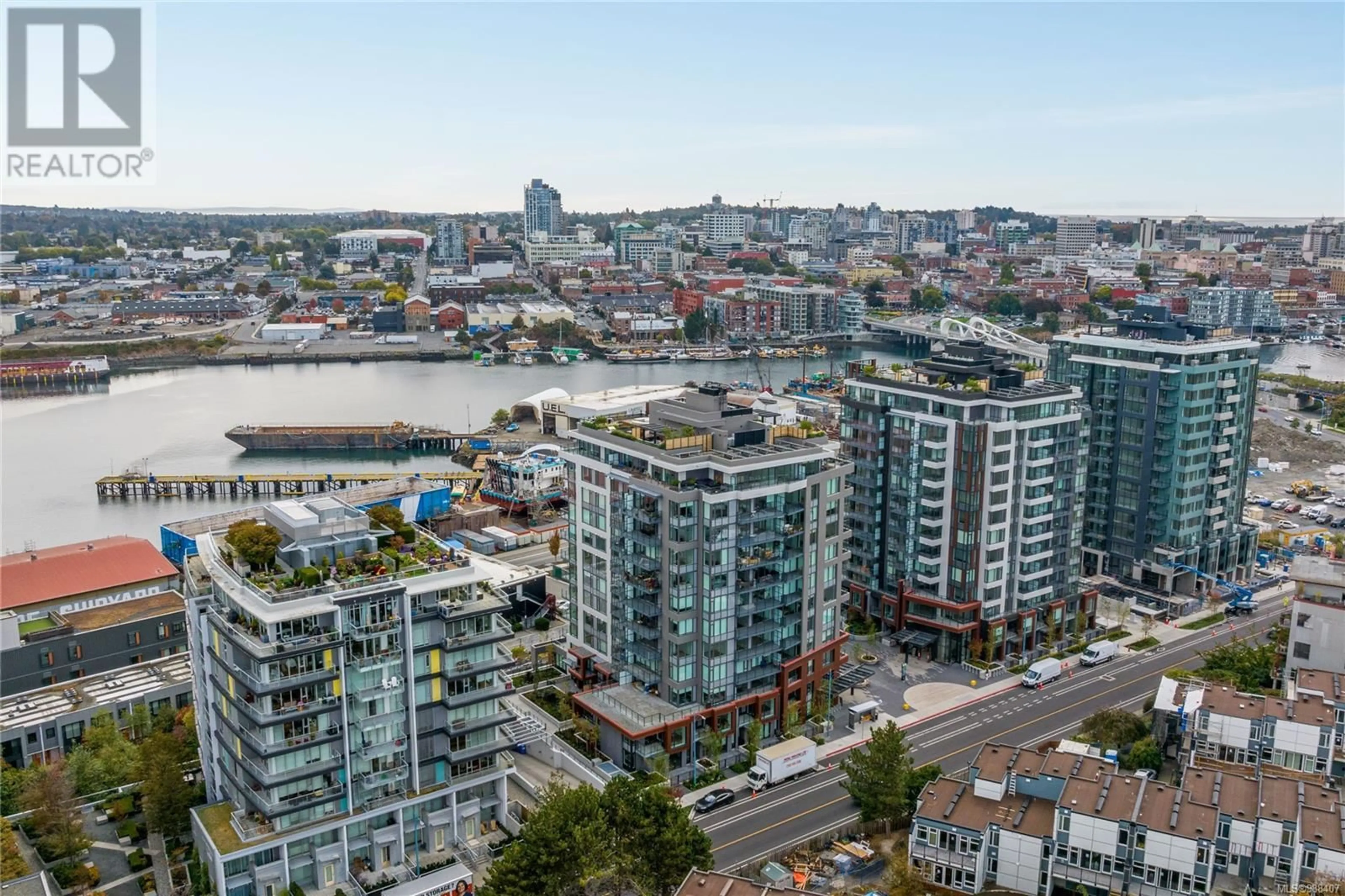 A pic from outside/outdoor area/front of a property/back of a property/a pic from drone, city buildings view from balcony for 507 369 Tyee Rd, Victoria British Columbia V9A0B6