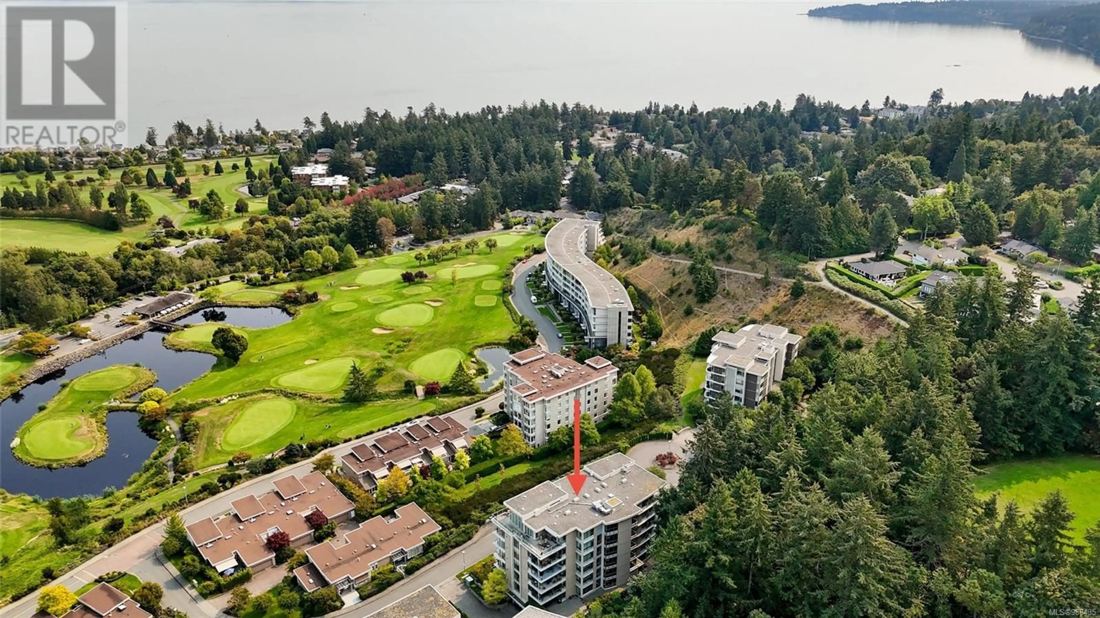 A pic from outside/outdoor area/front of a property/back of a property/a pic from drone, water/lake/river/ocean view for 402 748 Sayward Hill Terr, Saanich British Columbia V8Y3K1