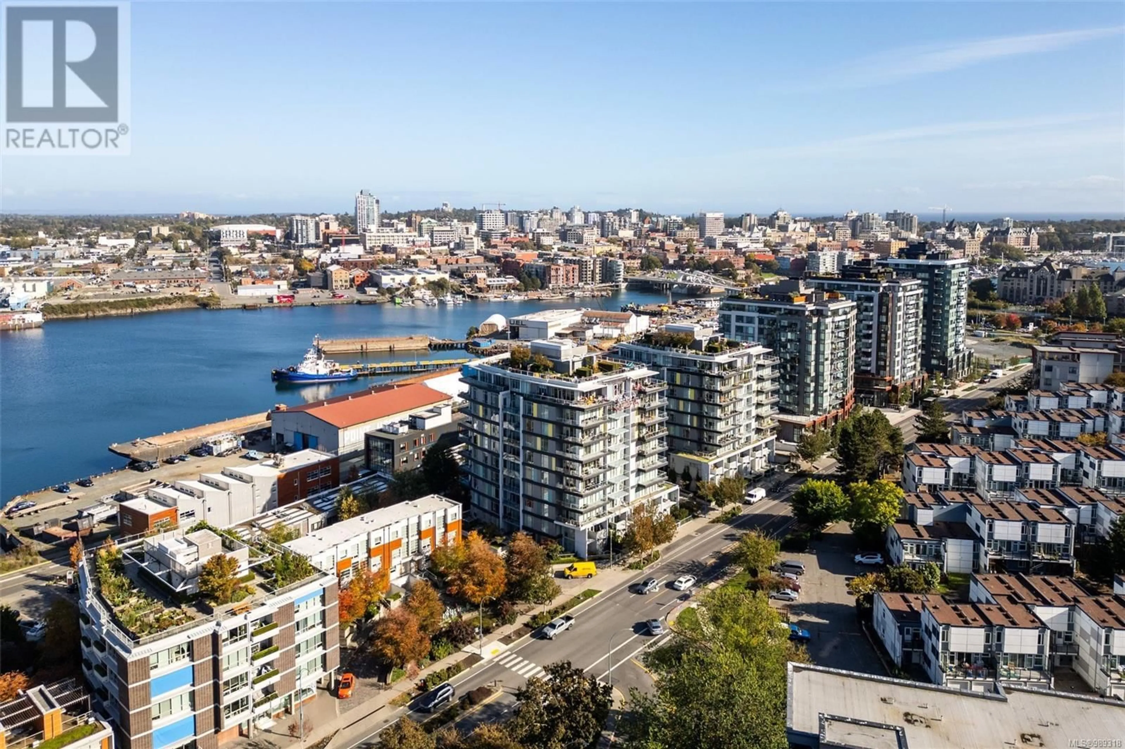 A pic from outside/outdoor area/front of a property/back of a property/a pic from drone, city buildings view from balcony for 307 379 Tyee Rd, Victoria British Columbia V9A0B4