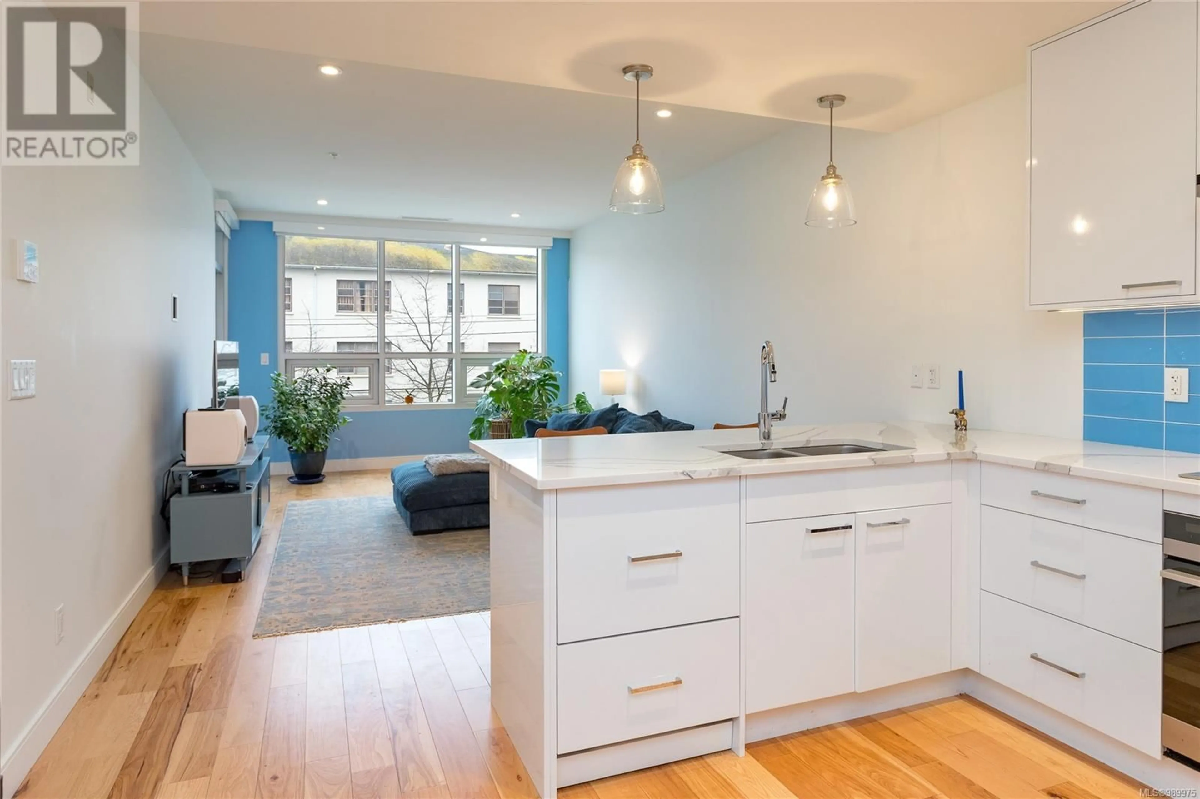 Open concept kitchen, wood/laminate floor for 206 - 916 LYALL STREET, Esquimalt British Columbia V9A5E6
