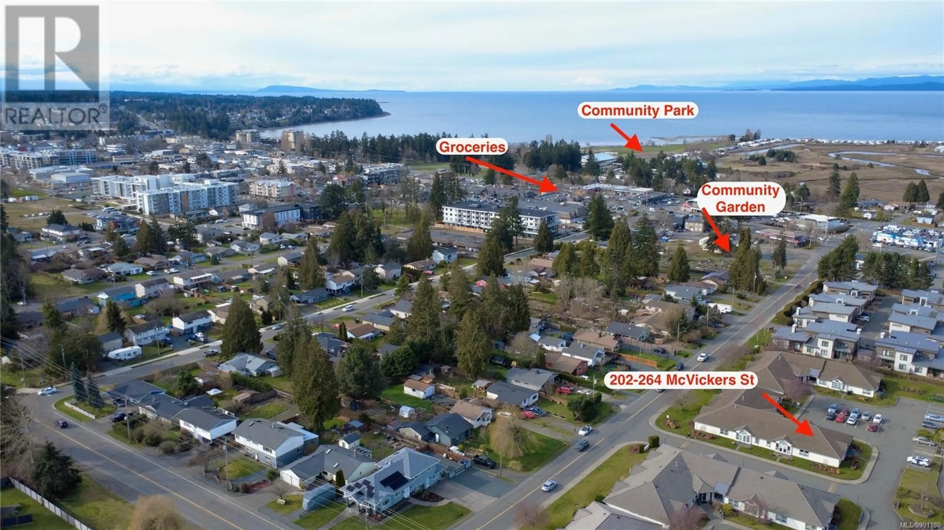 A pic from outside/outdoor area/front of a property/back of a property/a pic from drone, water/lake/river/ocean view for 202 264 McVickers St, Parksville British Columbia V9P2N5