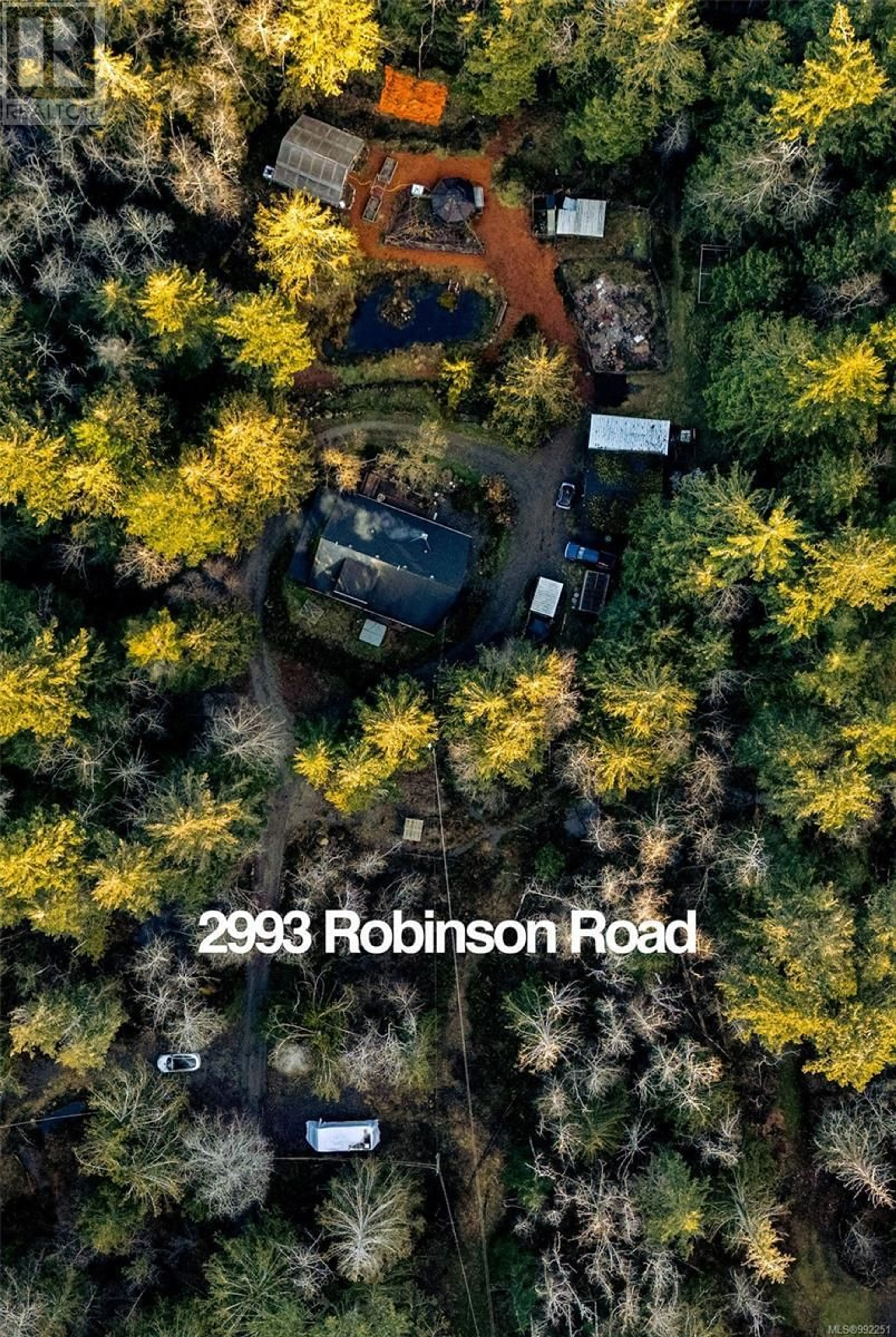 A pic from outside/outdoor area/front of a property/back of a property/a pic from drone, forest/trees view for 2993 ROBINSON ROAD, Sooke British Columbia V9Z0J9