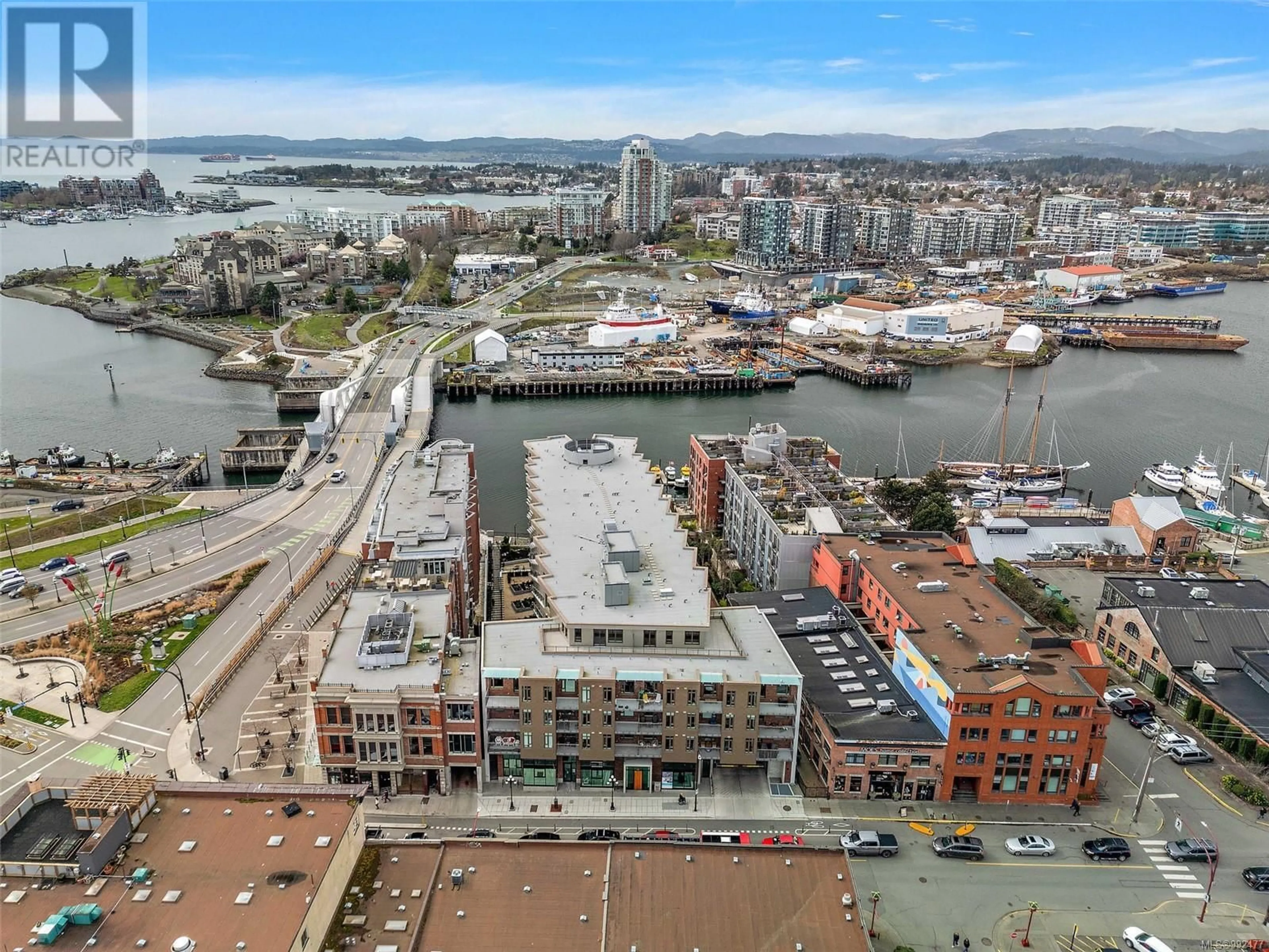 A pic from outside/outdoor area/front of a property/back of a property/a pic from drone, water/lake/river/ocean view for 807 1628 Store St, Victoria British Columbia V8W3K3