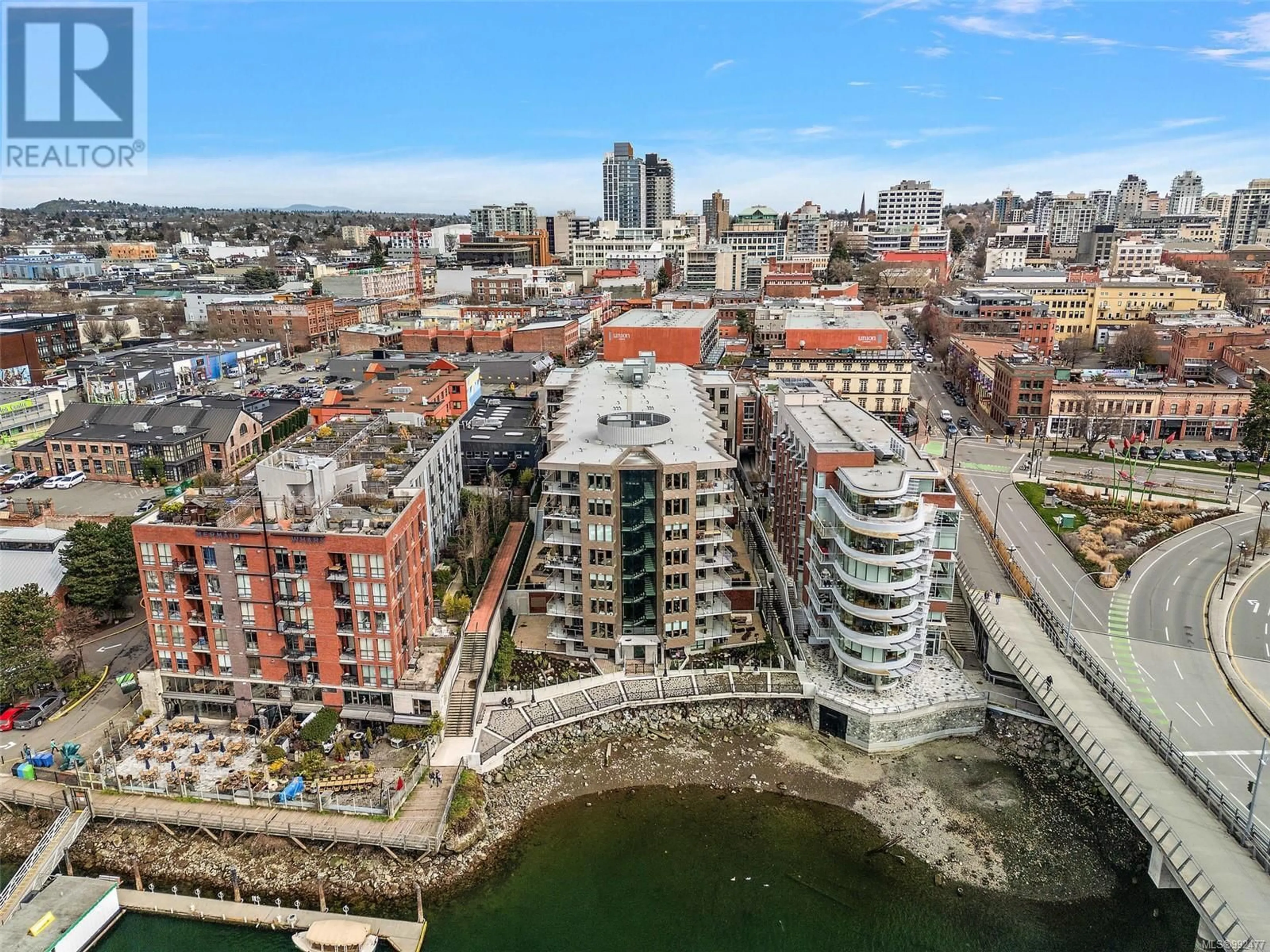 A pic from outside/outdoor area/front of a property/back of a property/a pic from drone, city buildings view from balcony for 807 1628 Store St, Victoria British Columbia V8W3K3