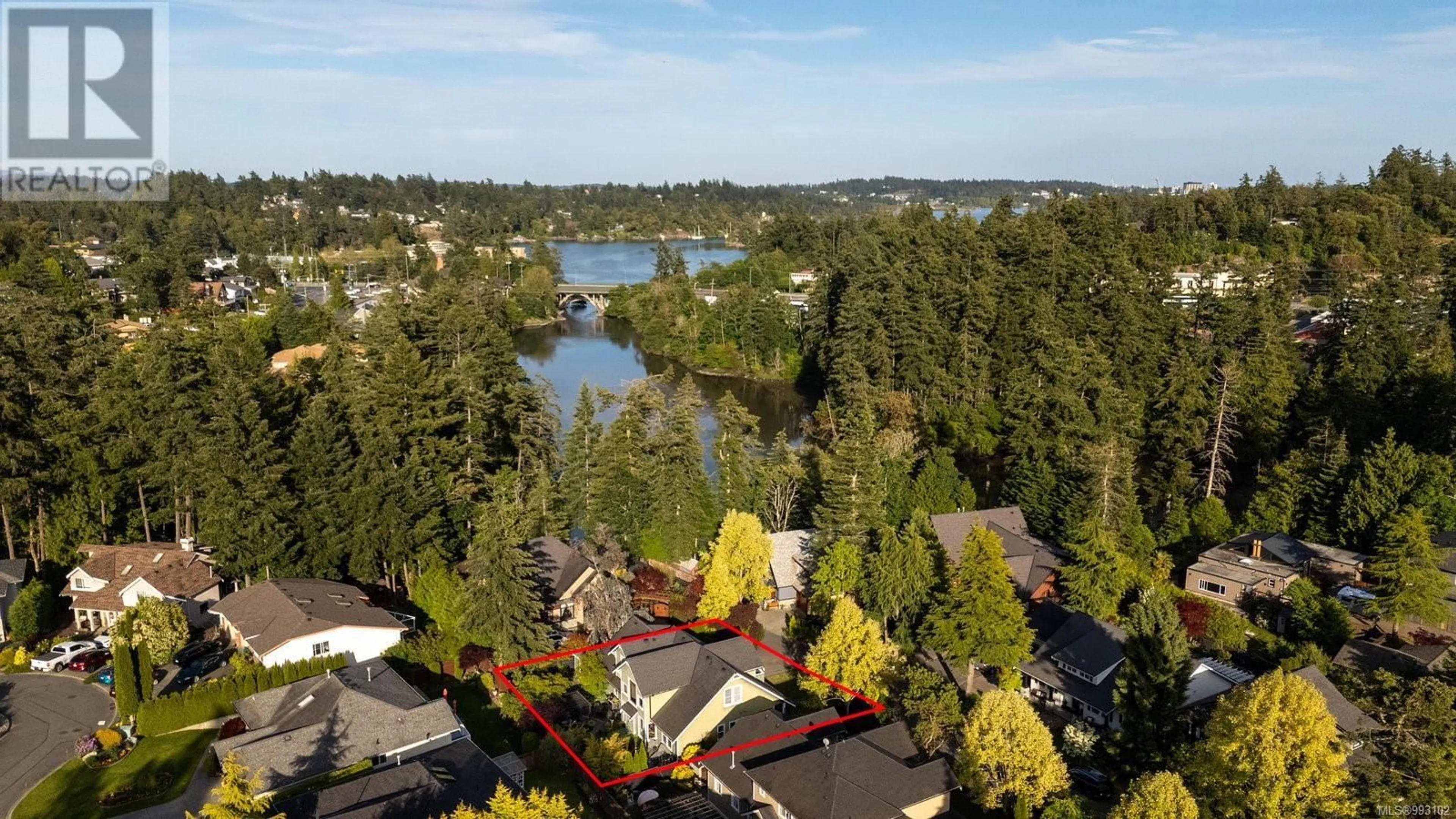 A pic from outside/outdoor area/front of a property/back of a property/a pic from drone, water/lake/river/ocean view for 106 MILLS COVE, View Royal British Columbia V9B6R8