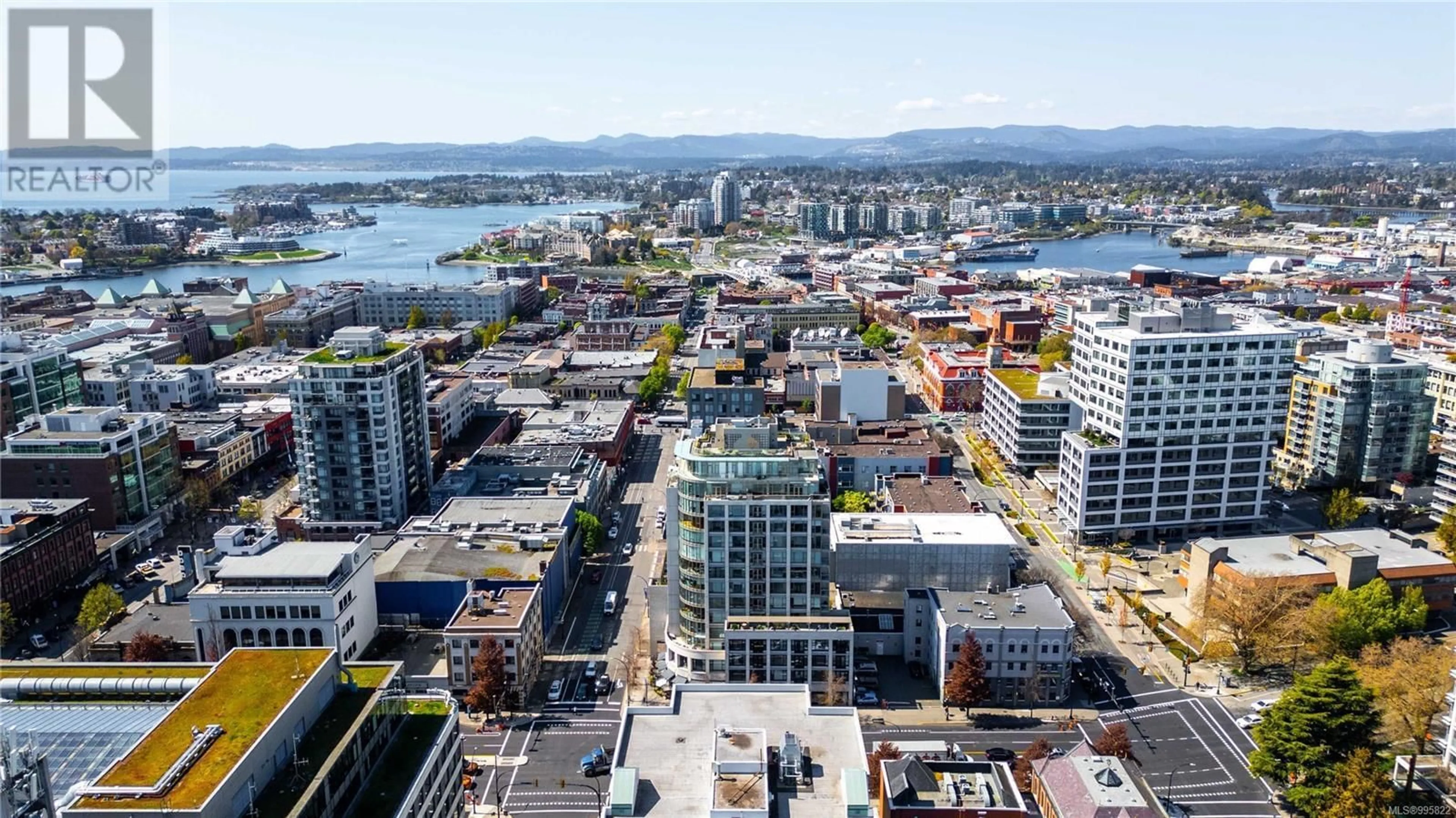 A pic from outside/outdoor area/front of a property/back of a property/a pic from drone, city buildings view from balcony for 1103 - 760 JOHNSON STREET, Victoria British Columbia V8W1N1