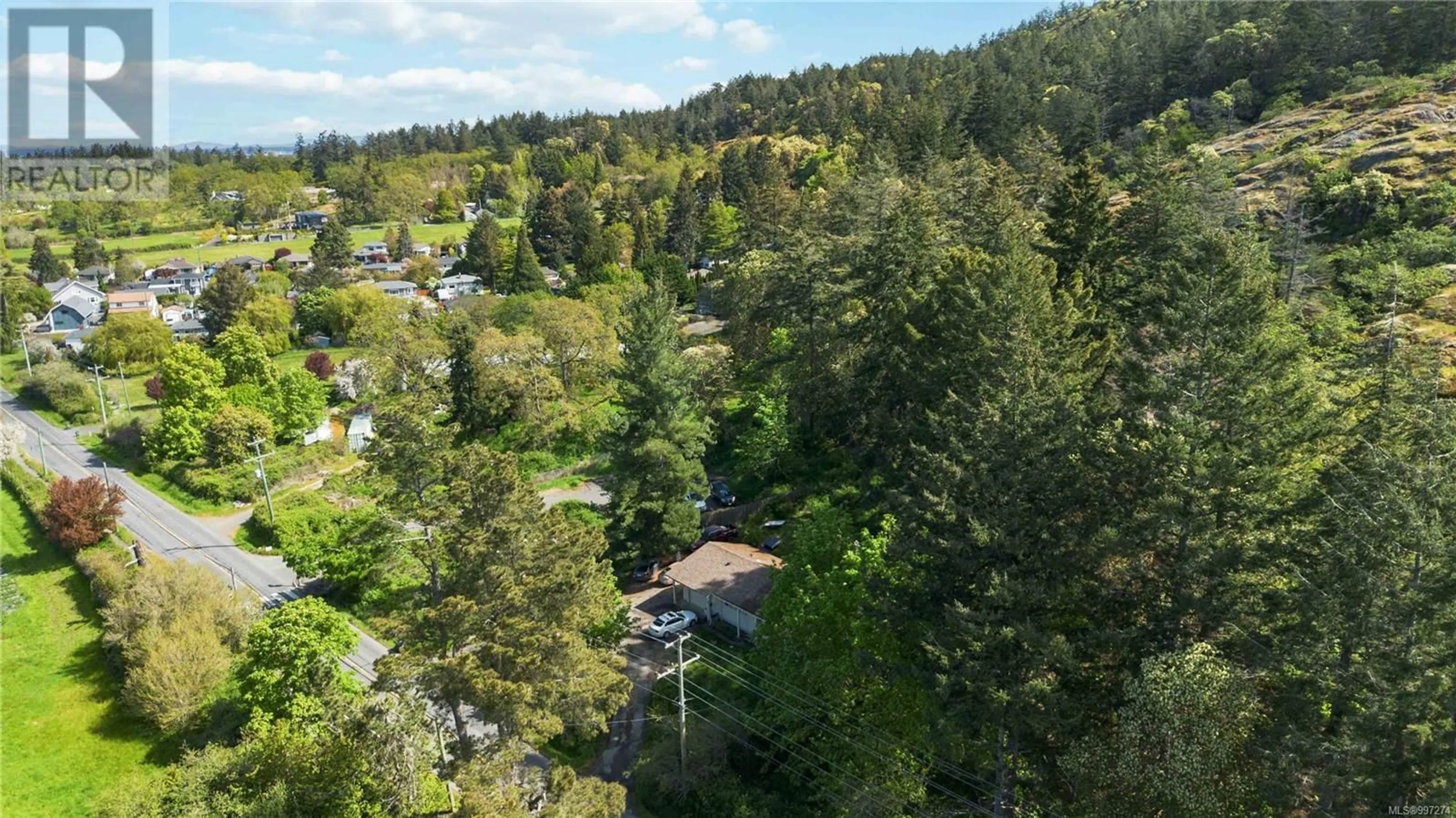 A pic from outside/outdoor area/front of a property/back of a property/a pic from drone, forest/trees view for 4439 BLENKINSOP ROAD, Saanich British Columbia V8X2C3