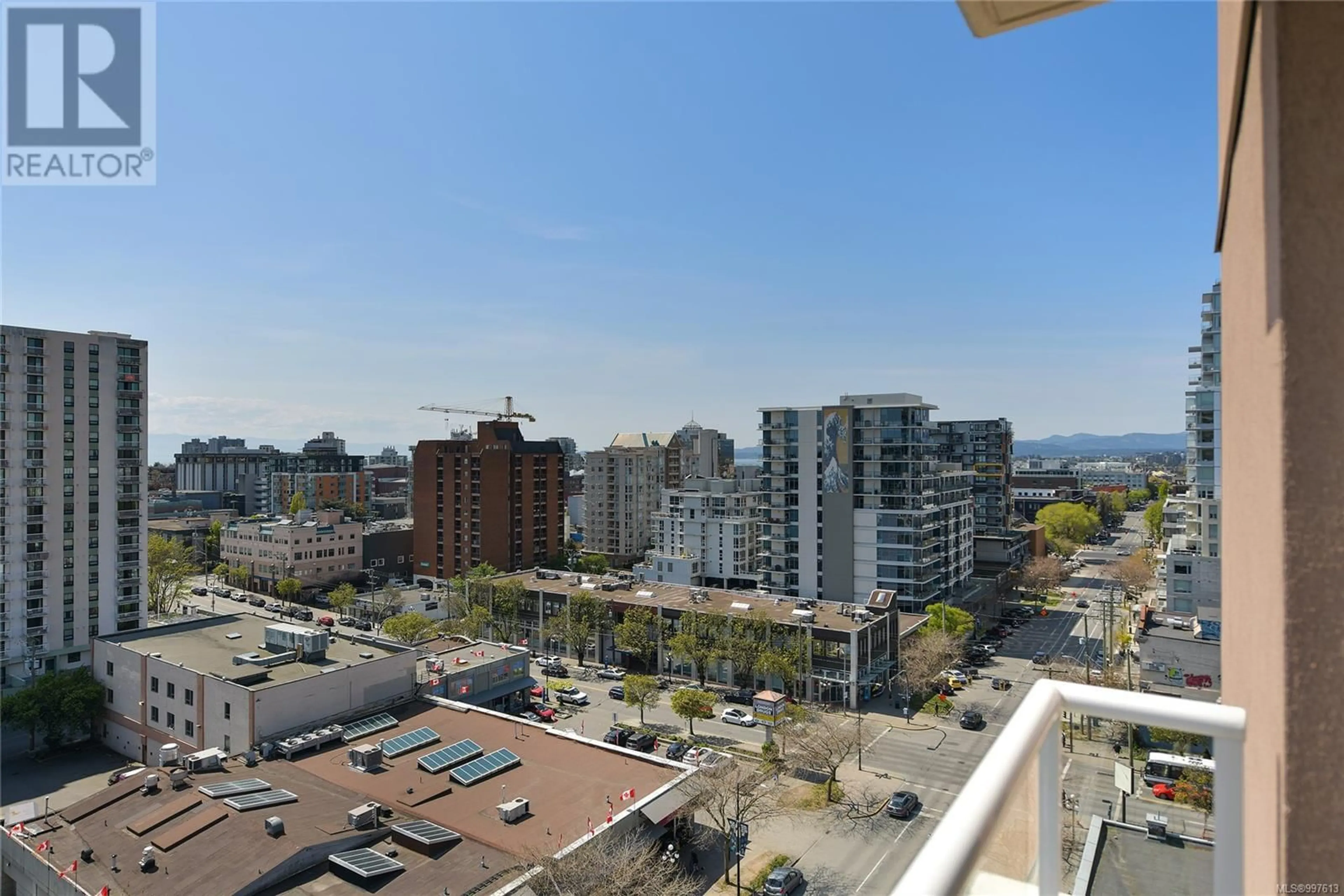 Balcony in the apartment, city buildings view from balcony for 1206 - 930 YATES STREET, Victoria British Columbia V8V4Z3