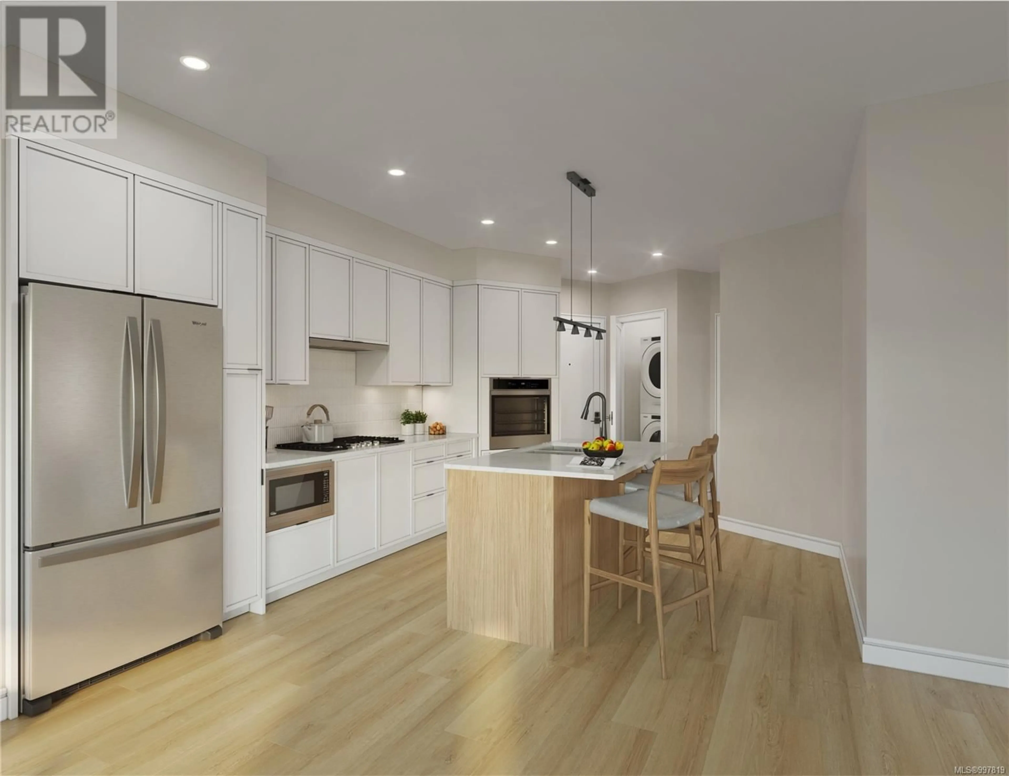 Open concept kitchen, wood/laminate floor for 408 - 1810 SELENITE PLACE, Langford British Columbia V9B7E2