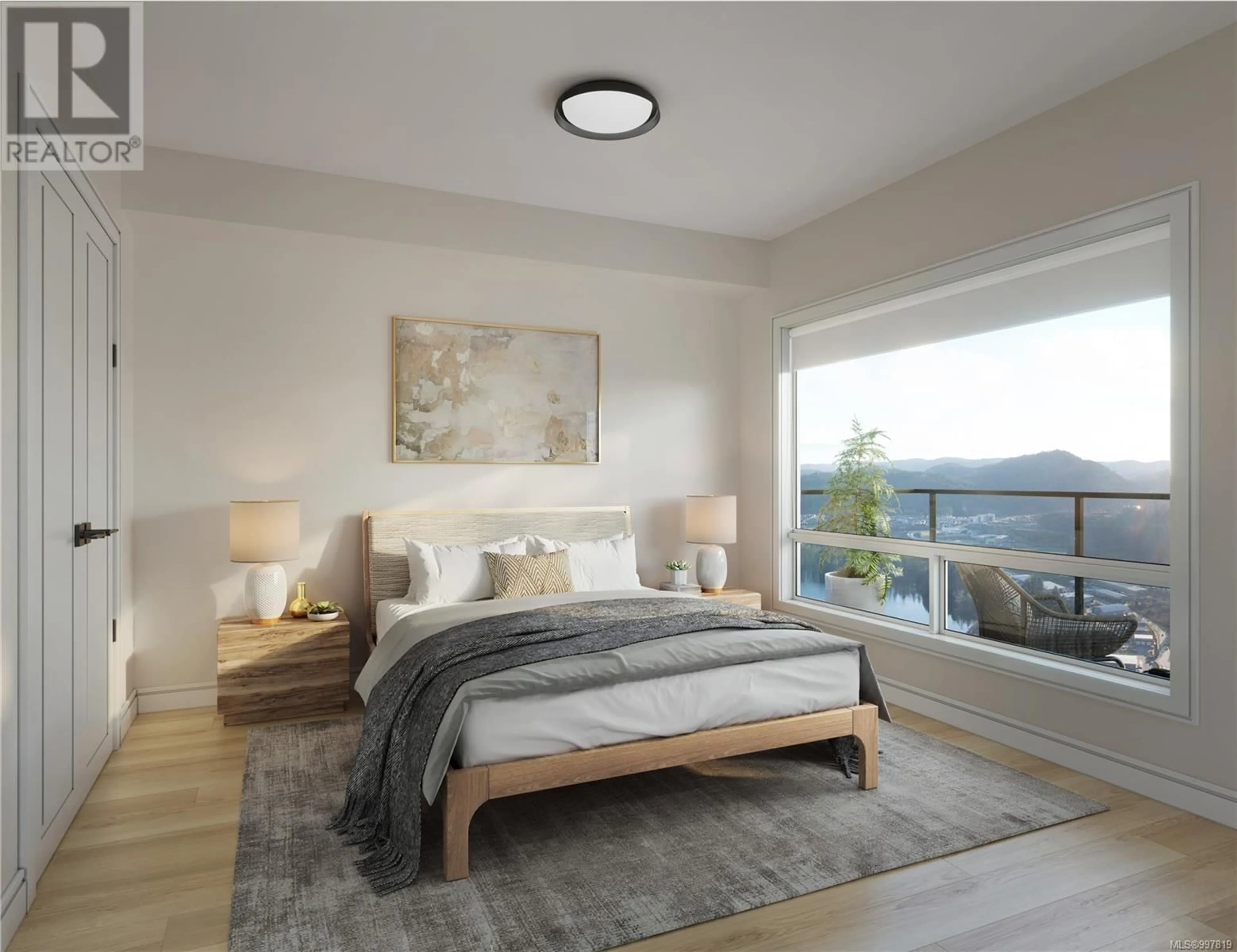 Bedroom with bed, wood/laminate floor for 408 - 1810 SELENITE PLACE, Langford British Columbia V9B7E2