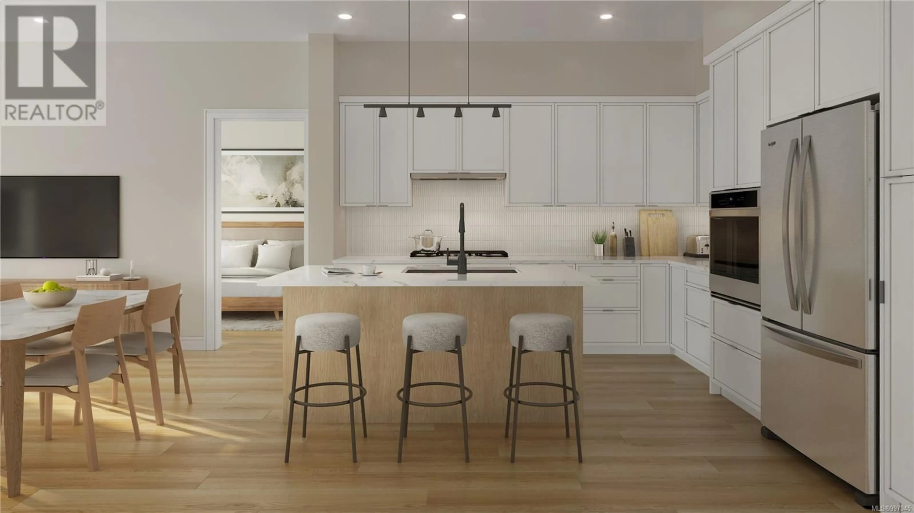 Open concept kitchen, wood/laminate floor for 102 - 1810 SELENITE PLACE, Langford British Columbia V9B7E2